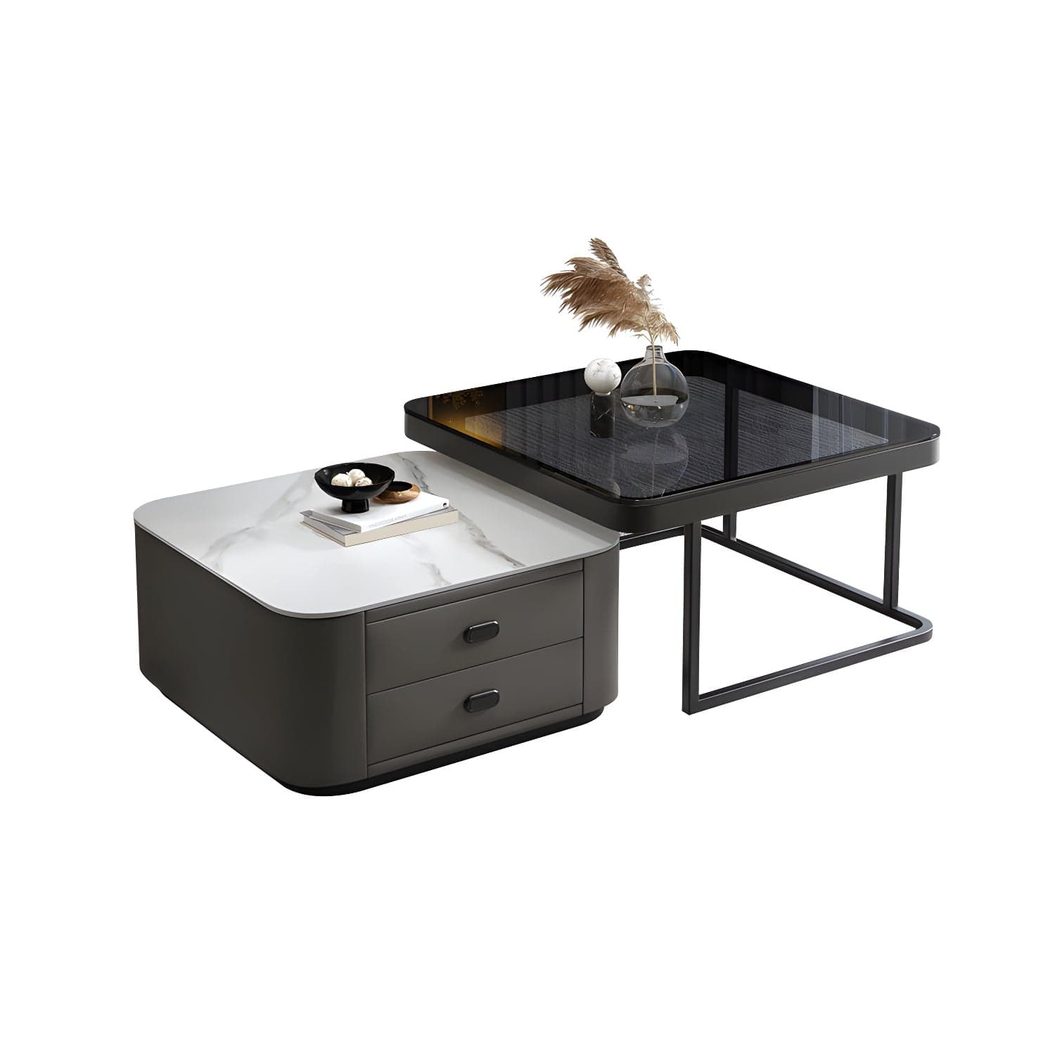 Square Coffee Table Glass Top 2 Nesting Coffee Table Set with Storage - image 6
