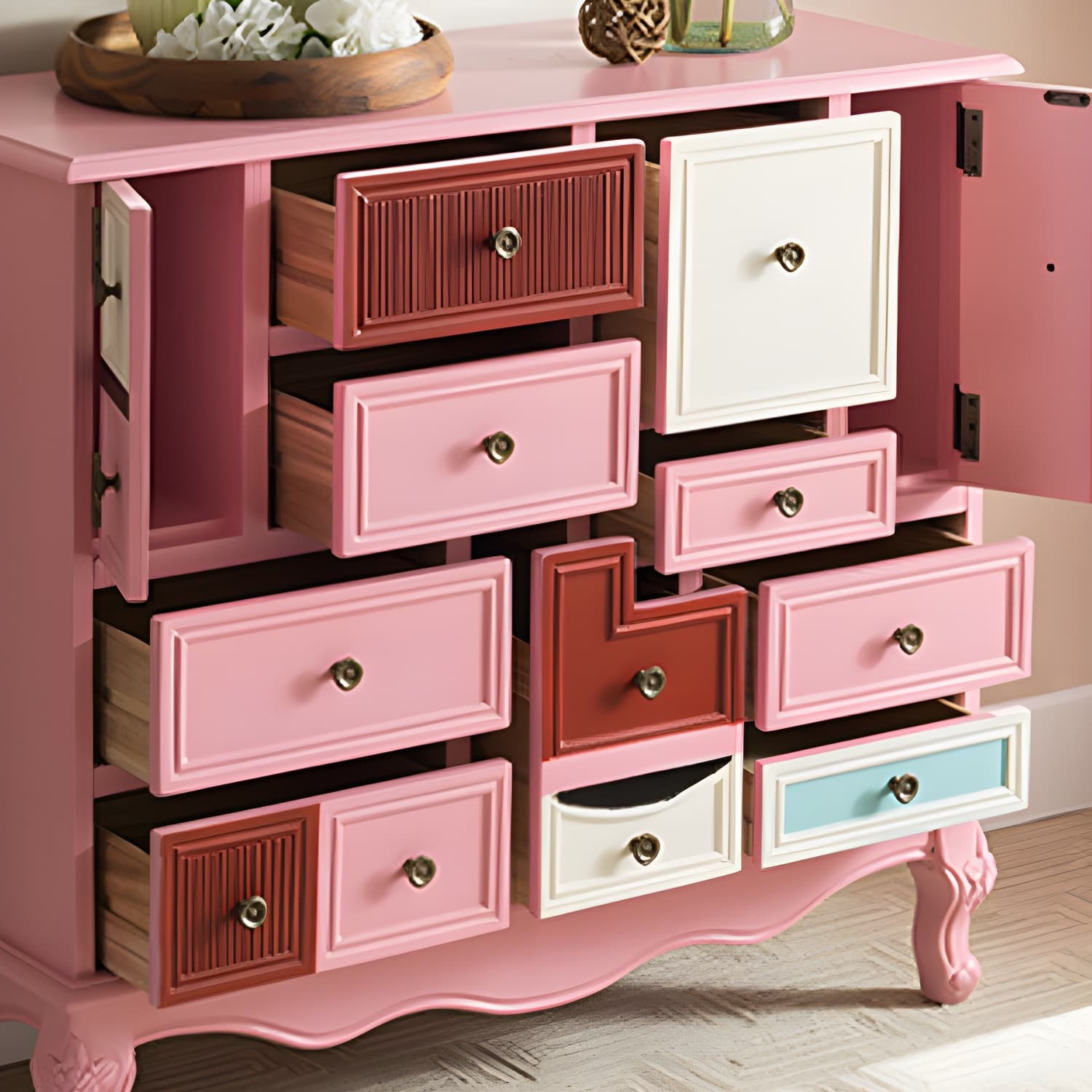 Industrial Painted Accent Cabinet with Drawers Solid Wood Chest - image 22
