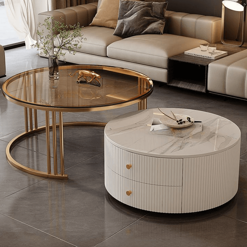 Double Nesting Round Coffee Table with Frame Base and 2 Drawers - image 4