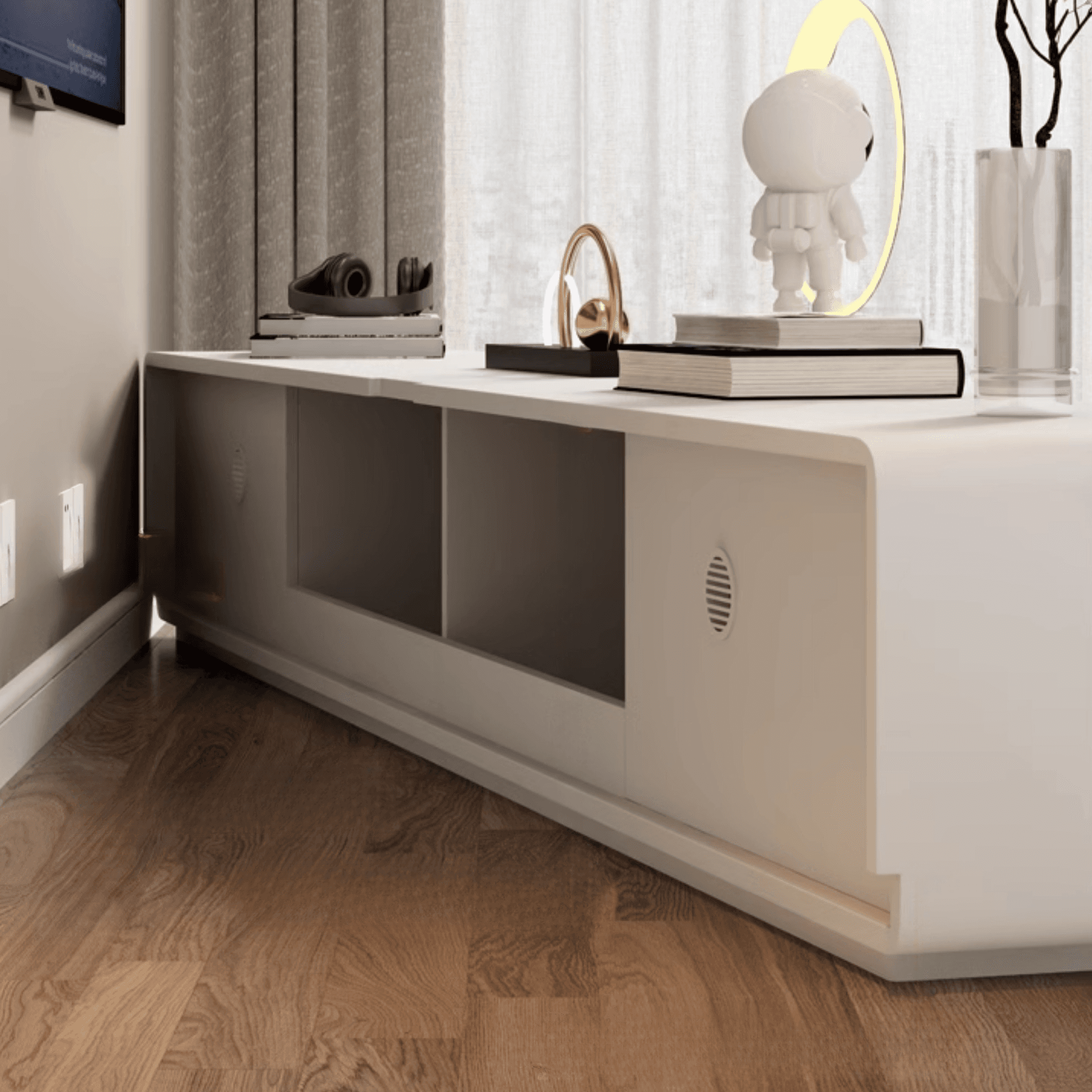 Simple White Lumber TV Stand with Cable Management & 3 Drawers/4 Drawers/6-Drawer - image 5