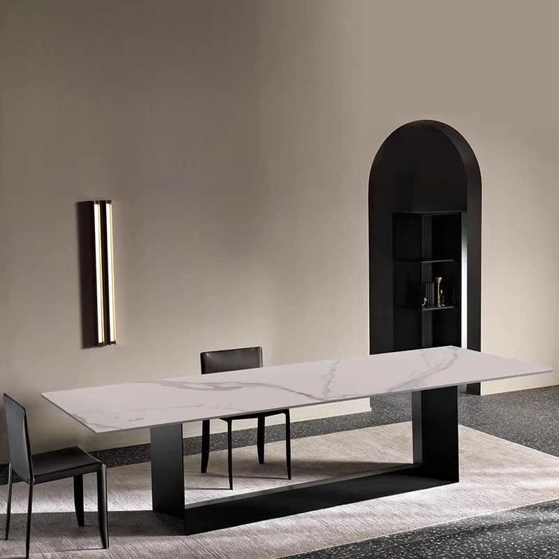 Modern Rectangle Stone Top Dining Table with Sleek Black Steel Trestle Base - image 7