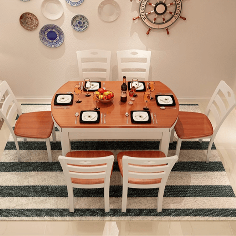 Dining Table Set with Rounded Wood Slab Top, 4 Legs, Drop Leaf, Back Seat, in White/Auburn/Amber Color - image 4