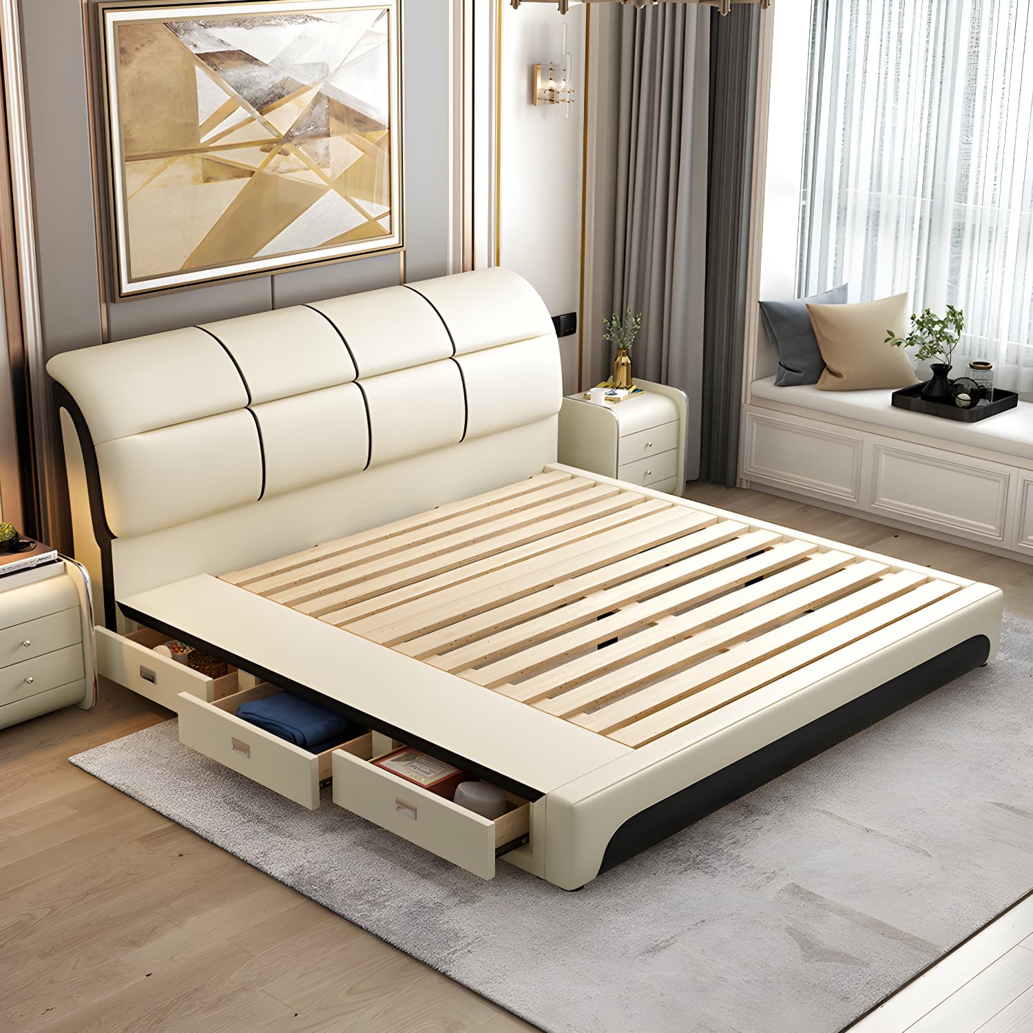 Glam Light Beige Bed Upholstered Wood Bed Frame with Headboard - image 4