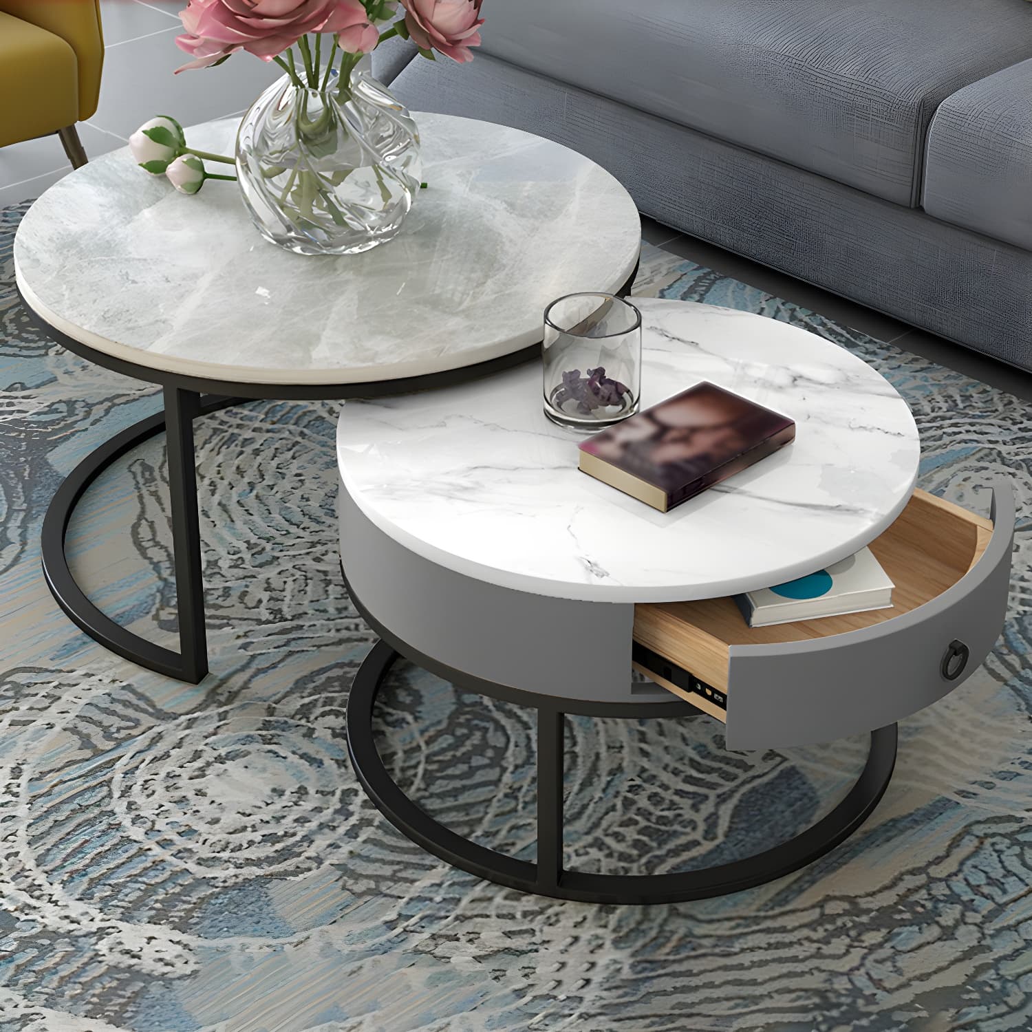 Round Frame Coffee Table Slate Nesting Coffee Table Set with Drawer