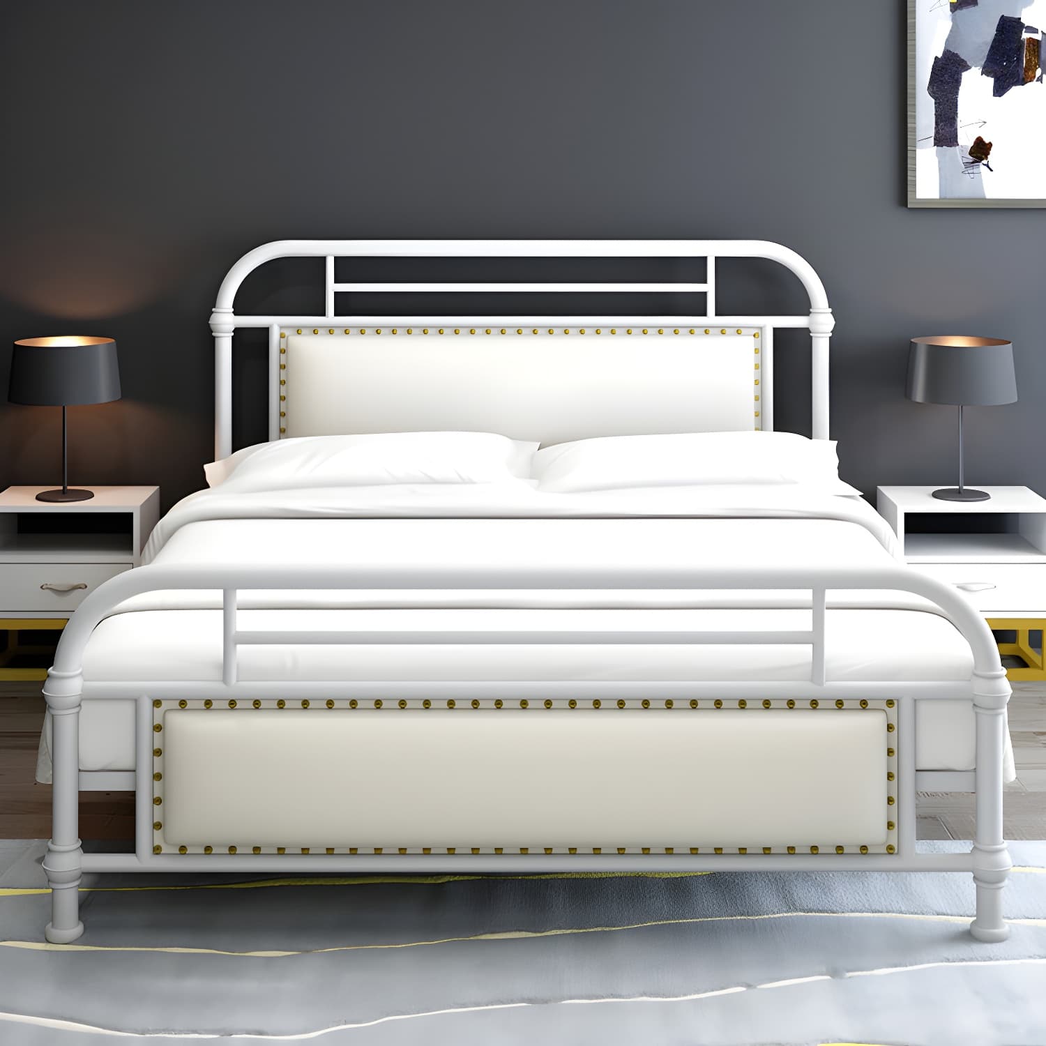 Industrial Nailhead Upholstered Bed Frame Metal 43.3" Tall Bed - image 3