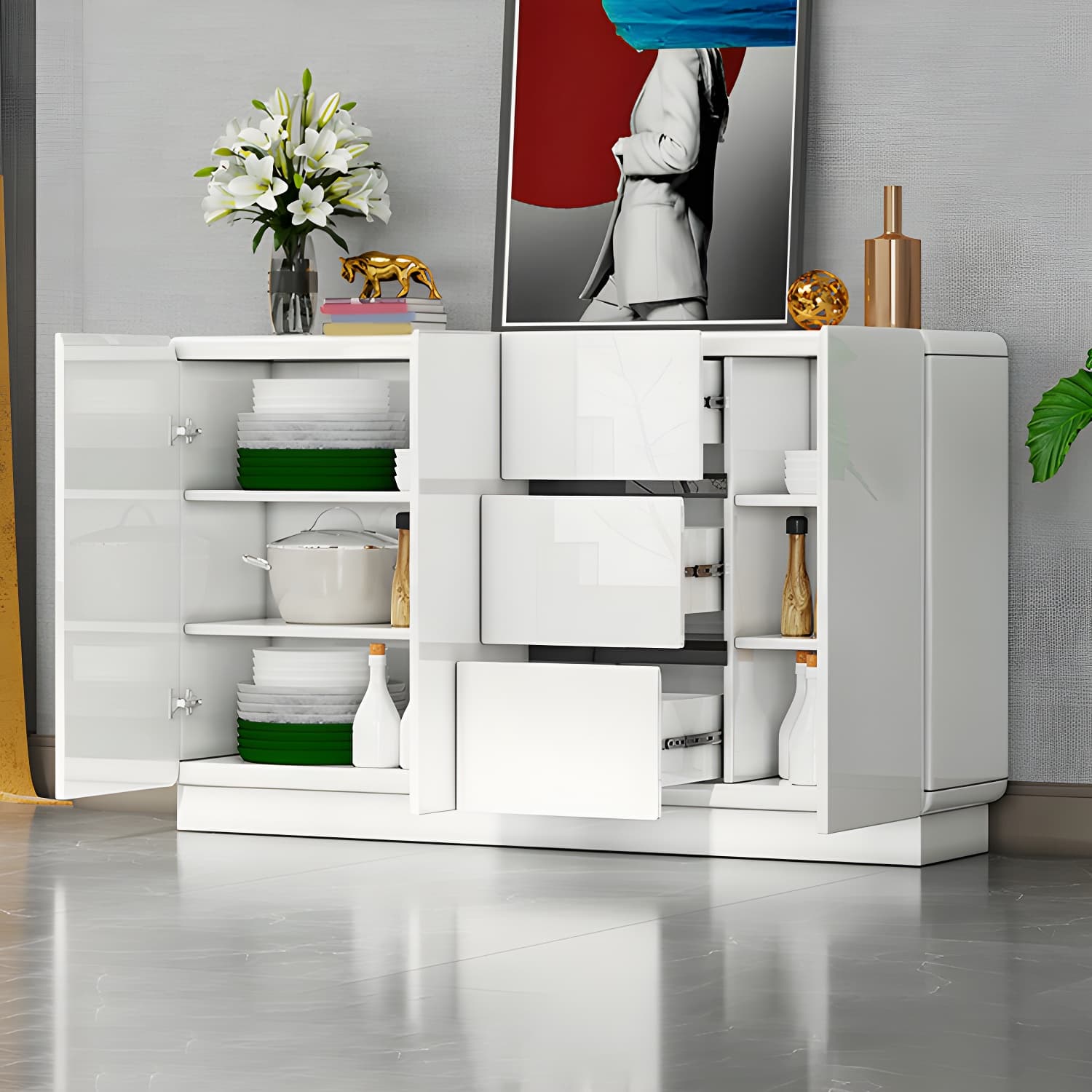 White Modern Sideboard Credenza with Adjustable Shelving and 3 Drawers - image 8