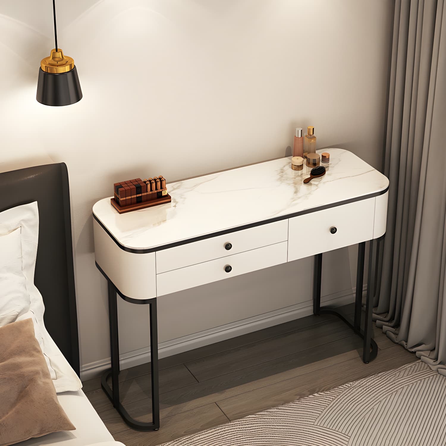 Contemporary Marble and Wood Vanity Table and Stool Set Glam Vanity Dressing Table - image 4