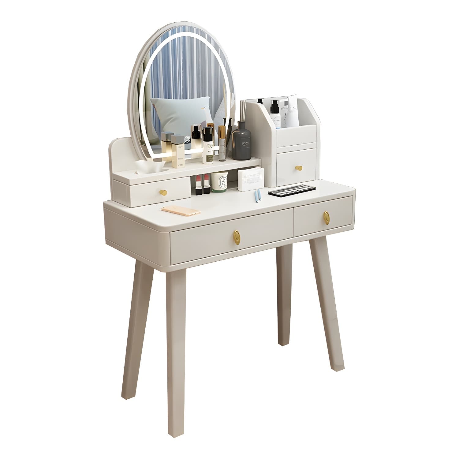 Modern Wood Makeup Vanity with Drawers, Mirror & Upholstered Chair - image 17