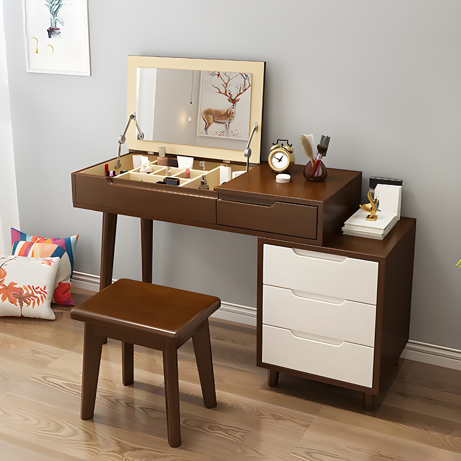 Solid Wood 1/4-Drawer Vanity Makeup Table with Mirror and Stool - 17.72" D - image 17
