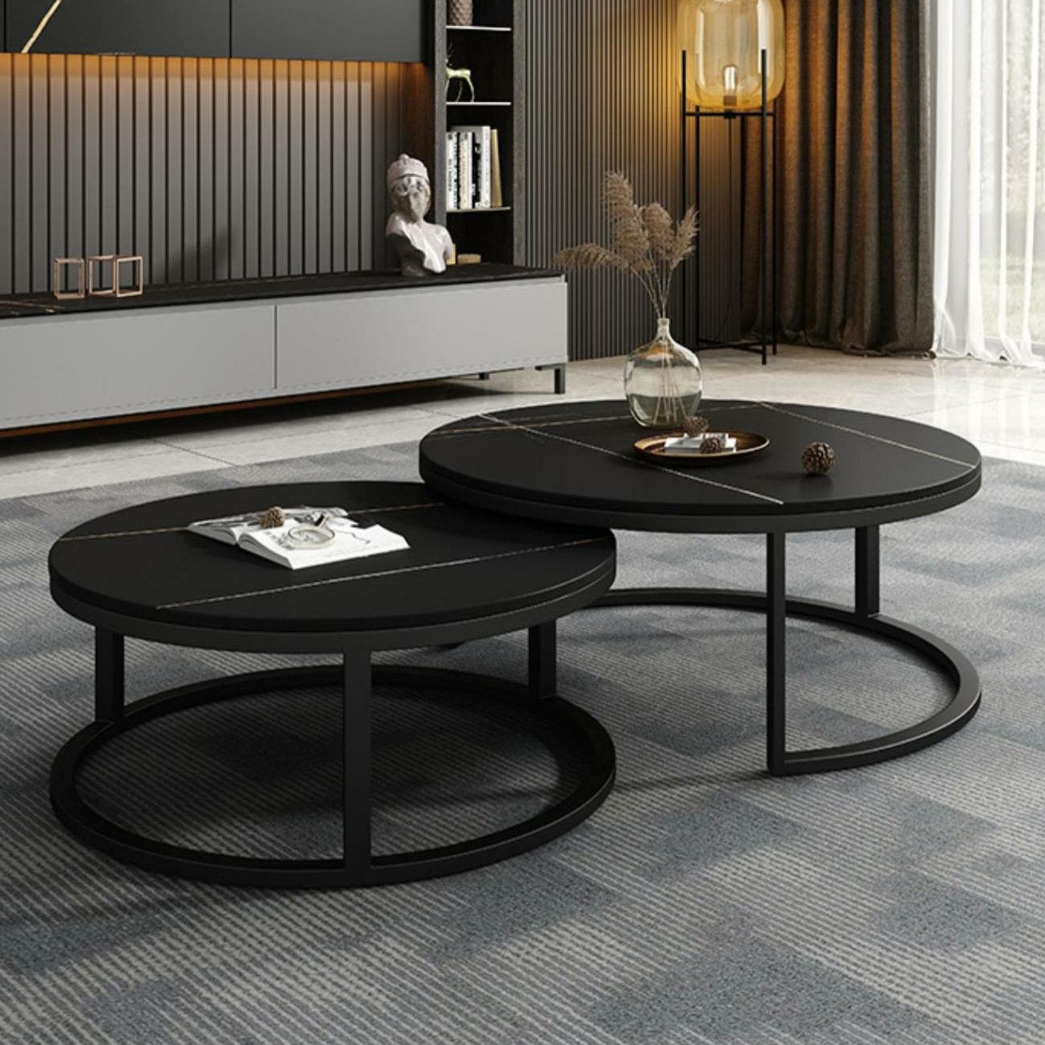 Modern Black Nesting Coffee Tables, 2 Set, Round Stone Top, Steel Frame with Storage - image 10