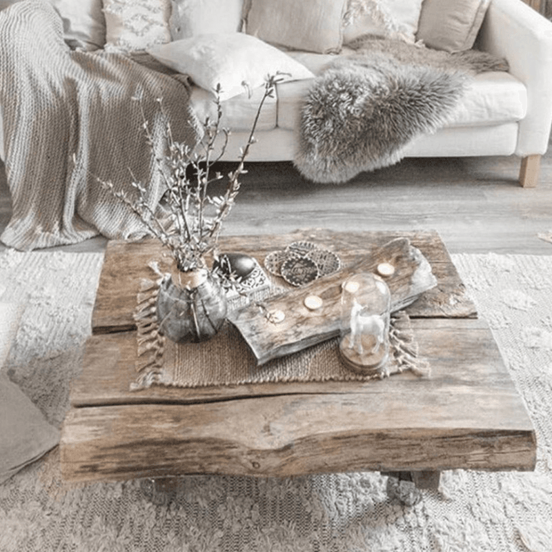 Classic Weathered Wood Wagon Wheel Pine Square Coffee Table with Rotating Roller Wheels for Home - image 4