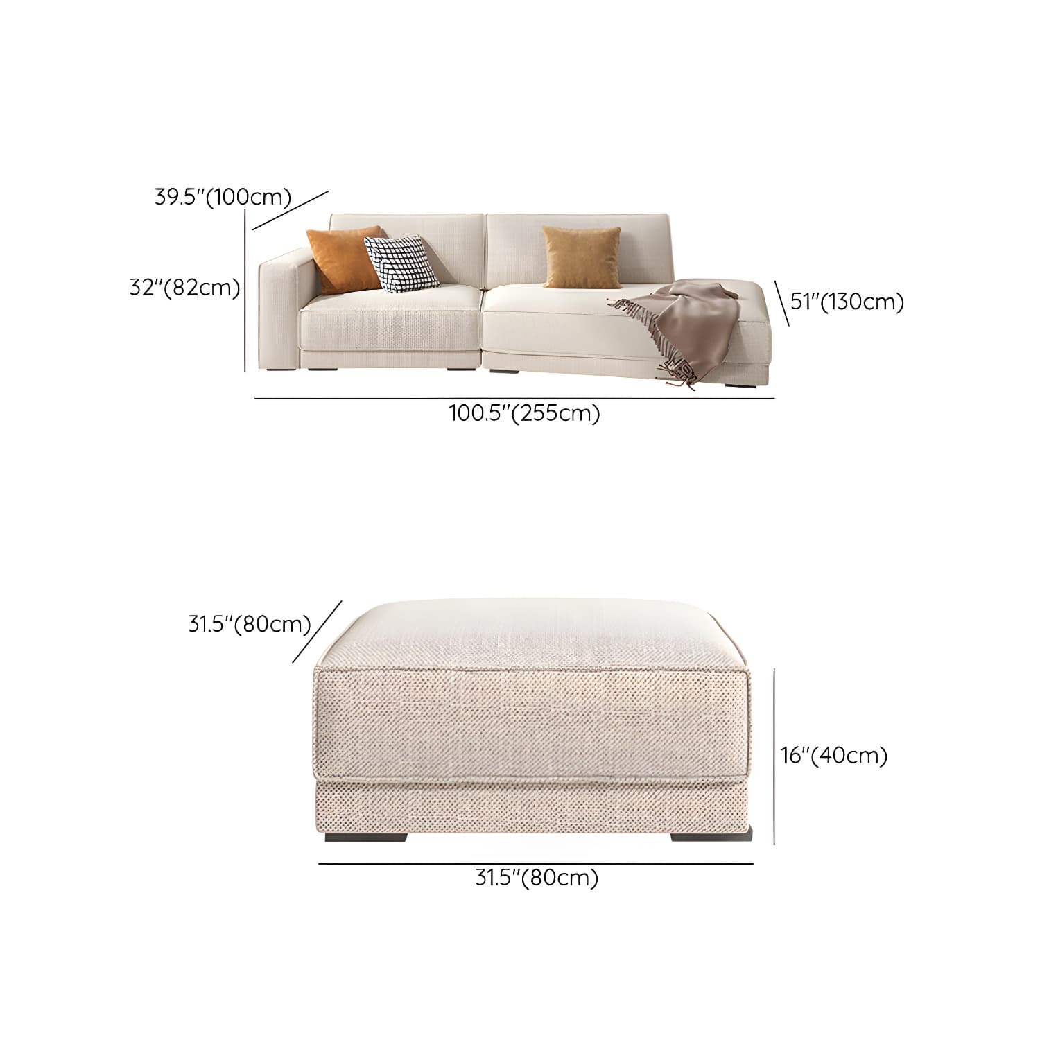 Modern Beige Linen L-Shape Sofa Chaise with Square Arm in Wood Frame - image 24