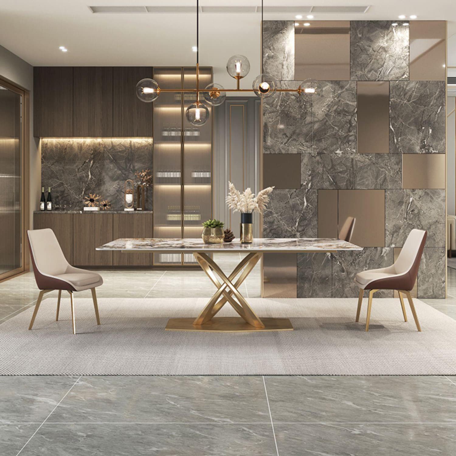 Glossy Beige Dining Table Set 1/2/5/7 Pcs Glam Dinette Set with Leather Chairs - image 12