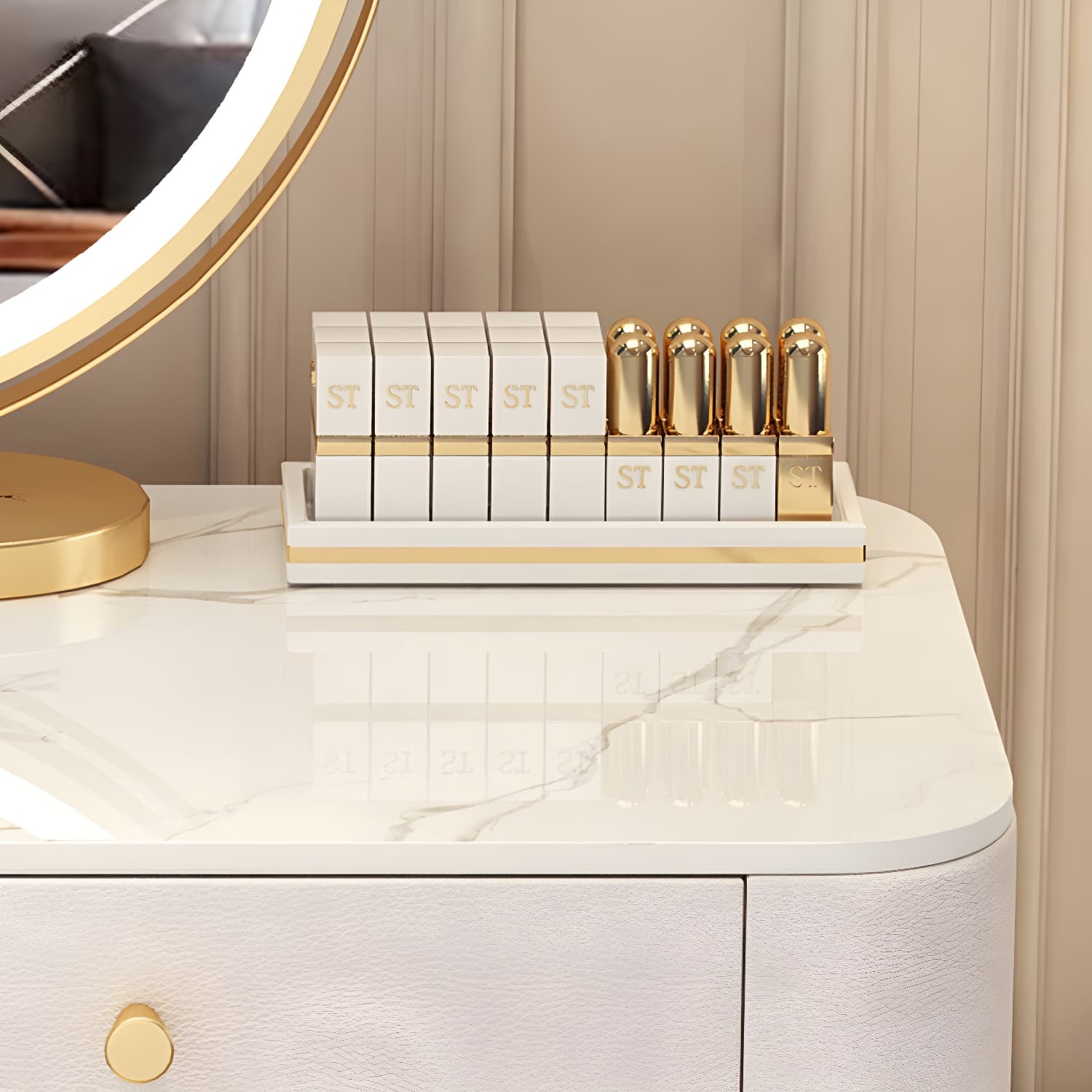Solid Wood Makeup Vanity Desk Storage Dressing Table Stool Set with Drawer - image 8