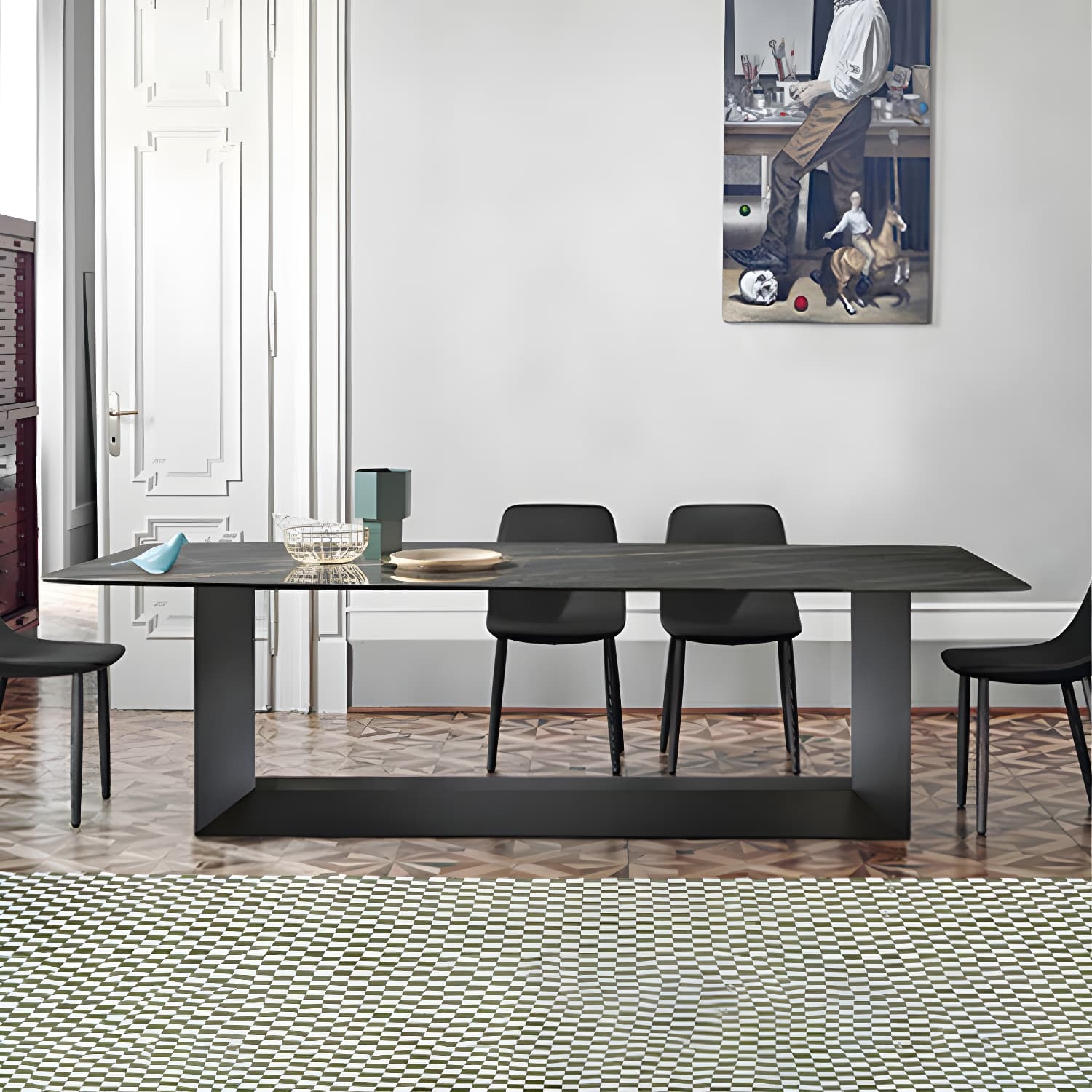 Rectangle Stone and Metal Dining table Modern Trestle Base Dining Table - image 11
