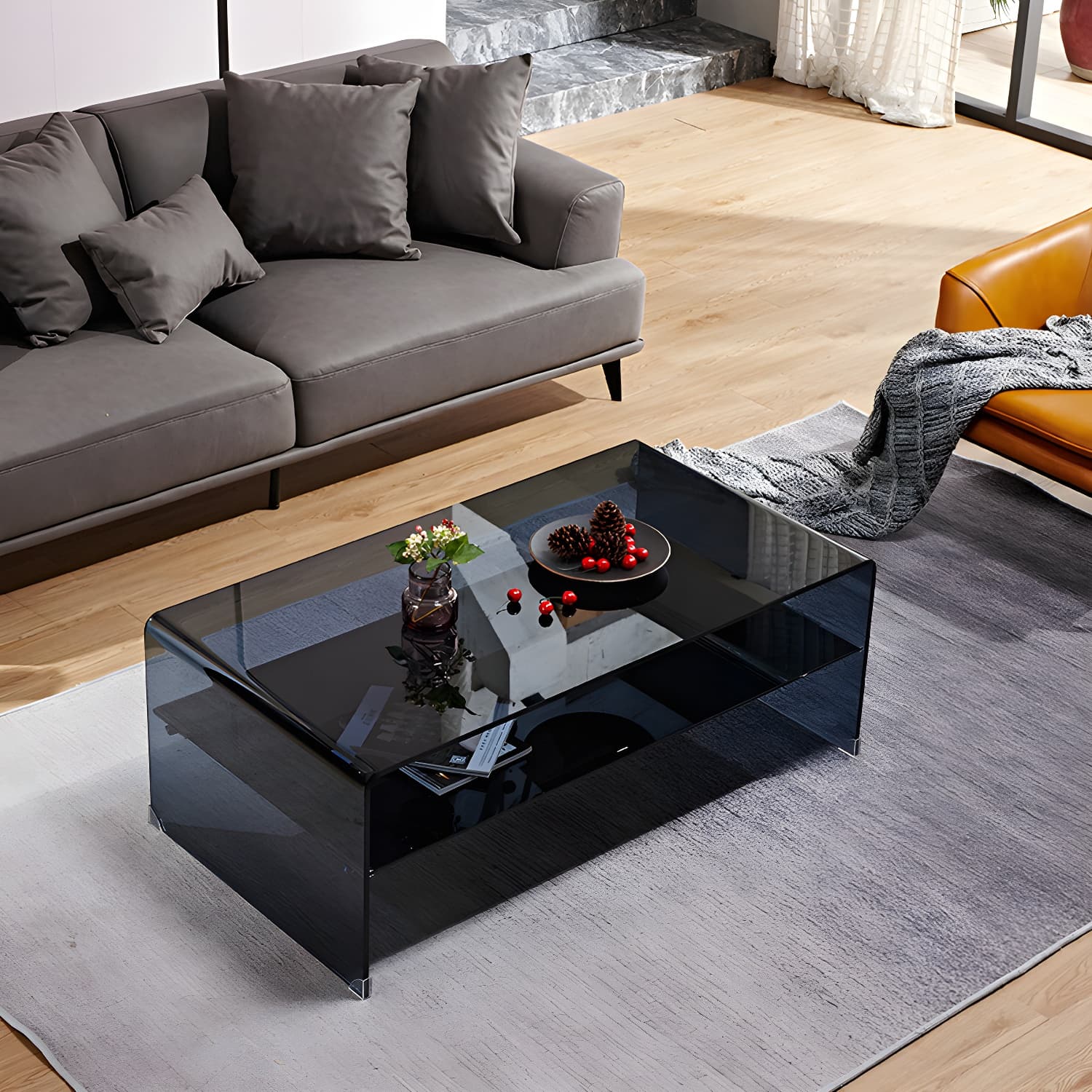 15.7"H Modern Sled Base White/black Glass Square Coffee Table with Shelf - image 4
