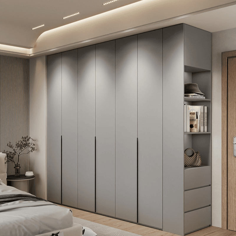 Dove Grey Minimalist Manufactured Wood Wardrobe Closet with Compartments, Soft Close Door, Interior Shelves, and Clothing Rod