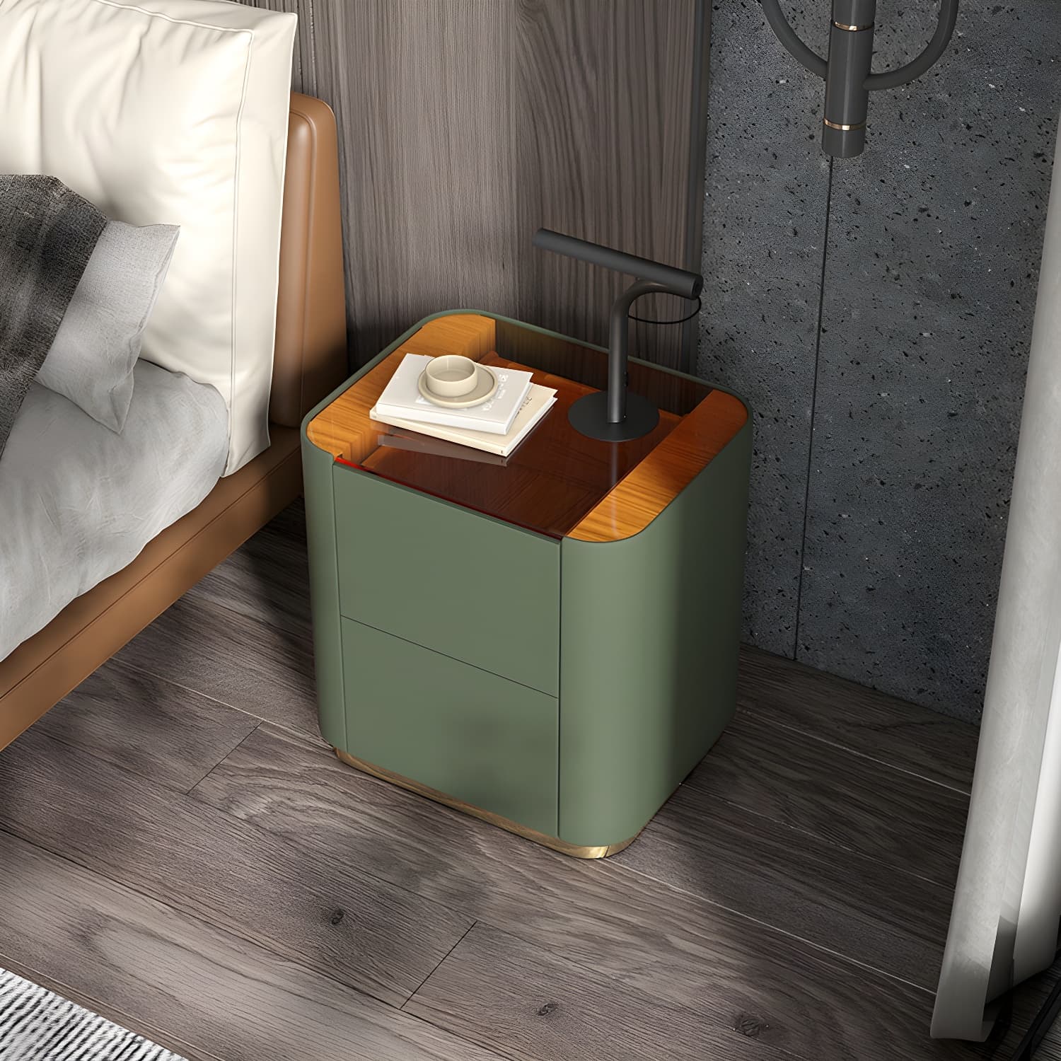 Wooden Nightstand with Tempered Glass 21.65" Tall 2 - Drawer Nightstand