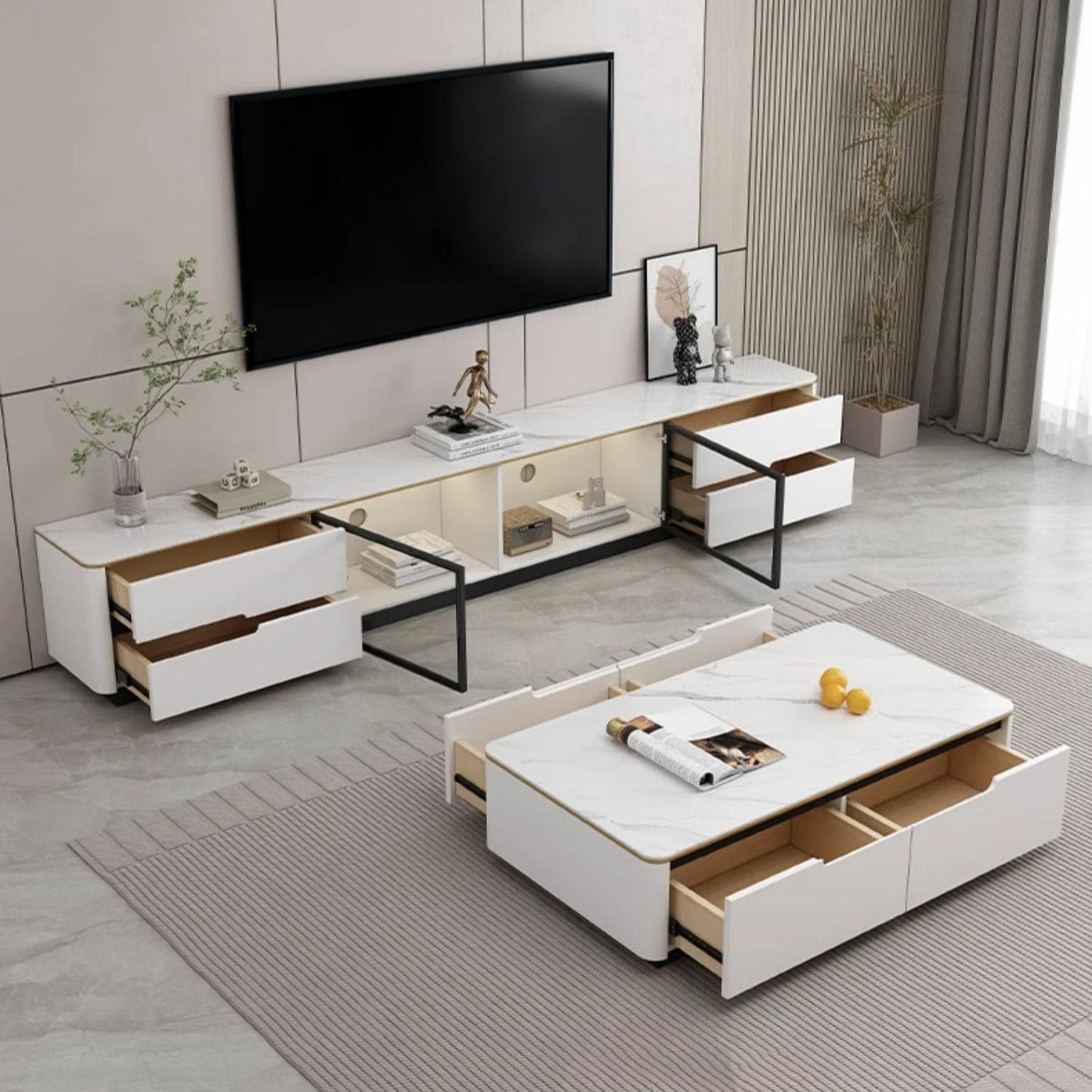 Modern Stone TV Stand with Drawers and Cabinet Low Profile Cable Management Fully Assembly Required - image 14