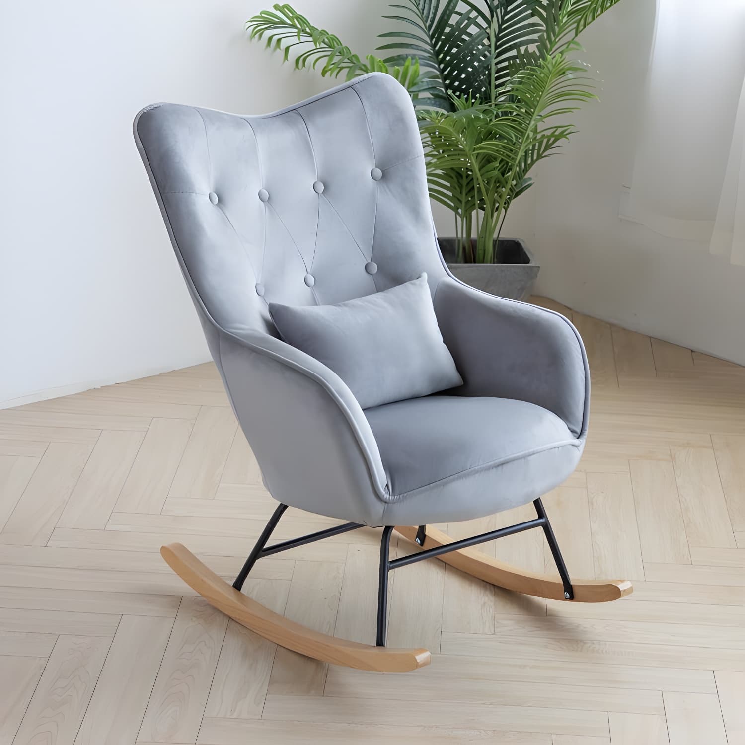 Scandinavian Rocking Chair with Wing Back and Wood Legs, Pillow Included - image 6