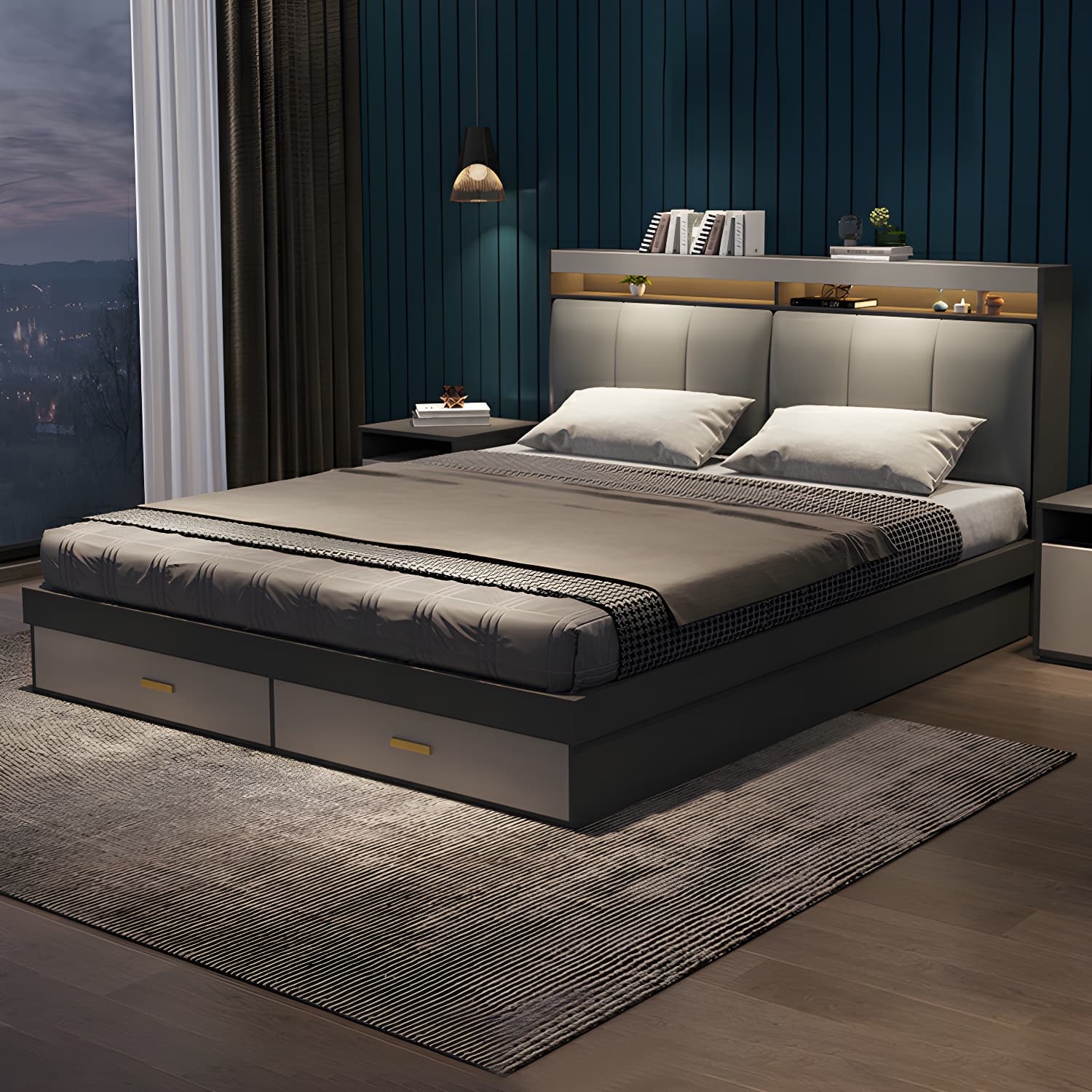 Modern Upholstered Headboard Bed with Storage and Patchwork Design - image 5