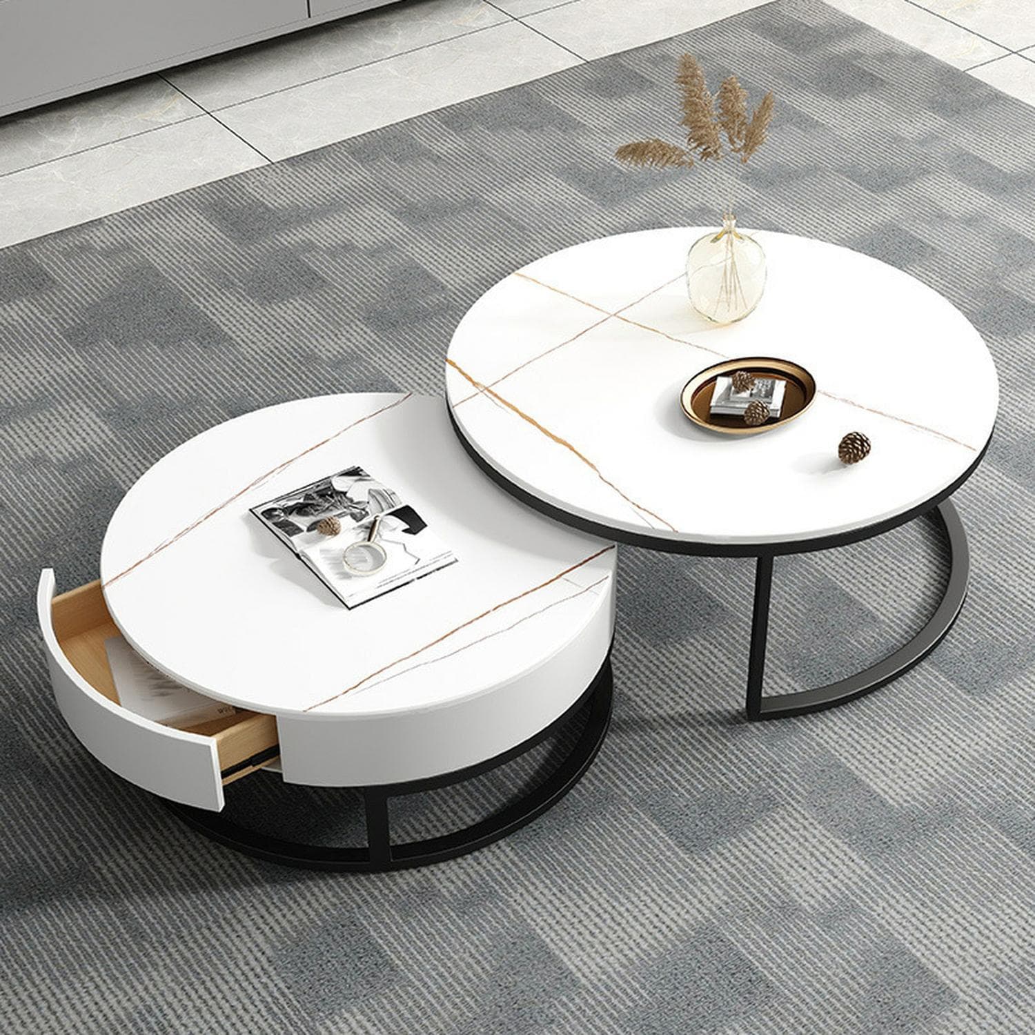 Modern Black Nesting Coffee Tables, 2 Set, Round Stone Top, Steel Frame with Storage - image 5