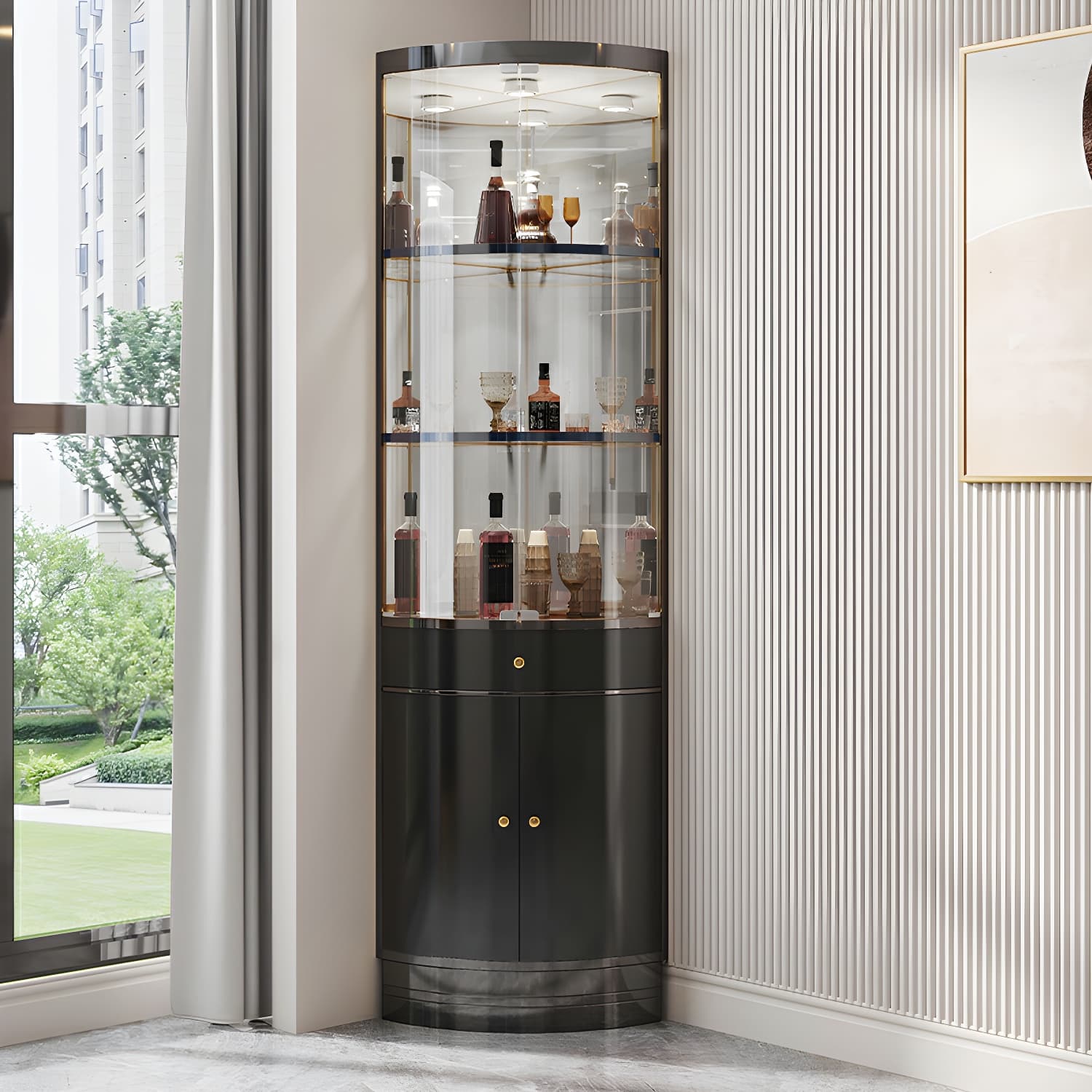 Glam Metal Corner Glass Paned Knobs Accent Cabinet with Shelves - image 9