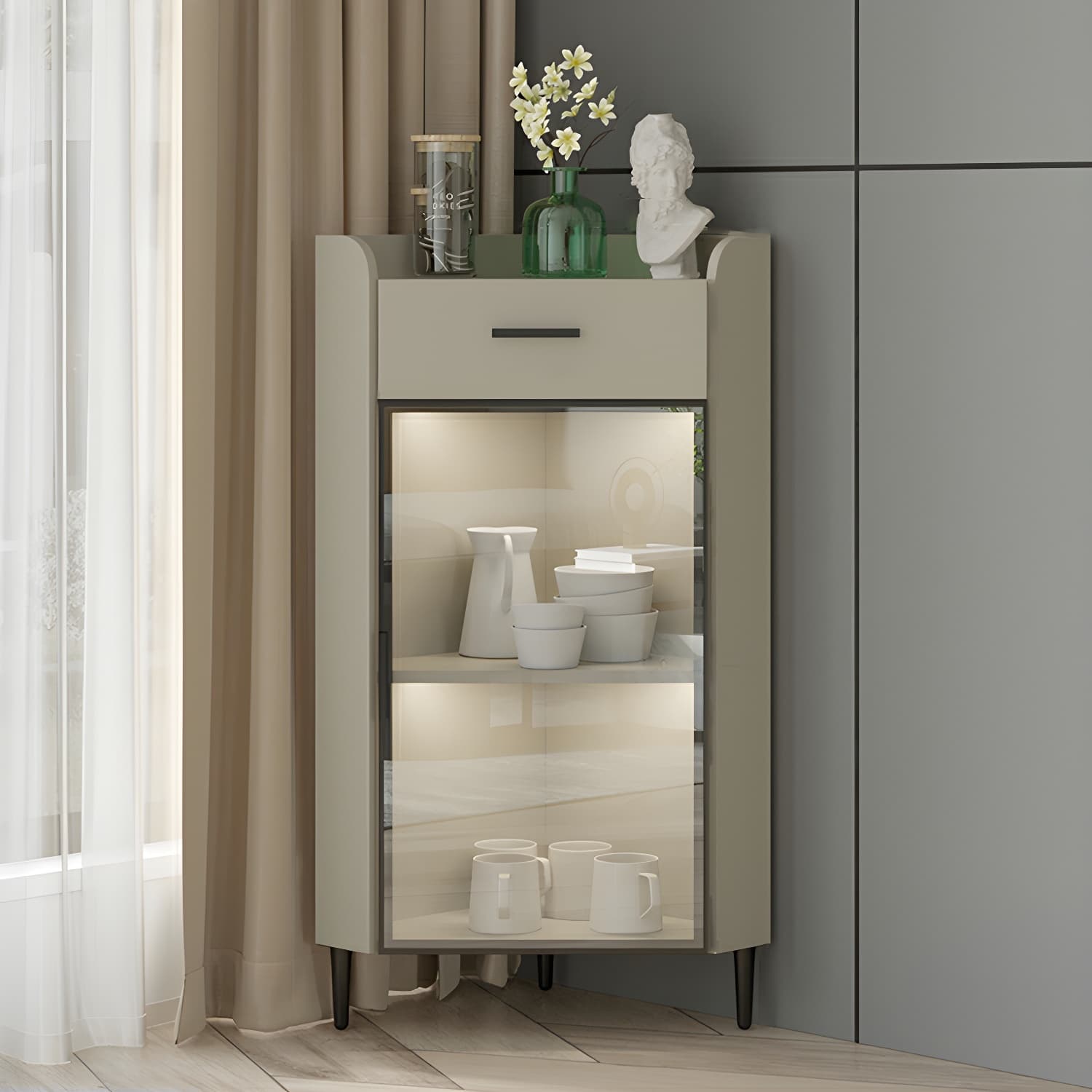 Small Modern Corner Accent Cabinet with Wood Counter Top, Drawers Included, and Metal Legs