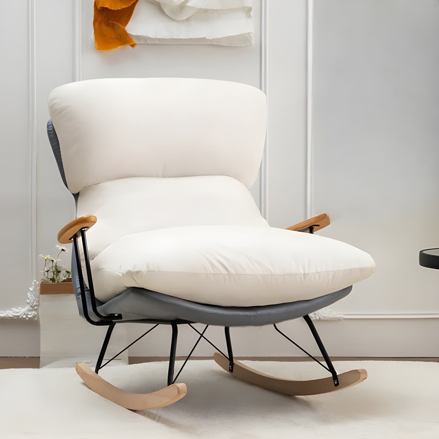 Scandinavian Indoor Upholstered Rocking Chair with Track Arms and Natural Wood Legs