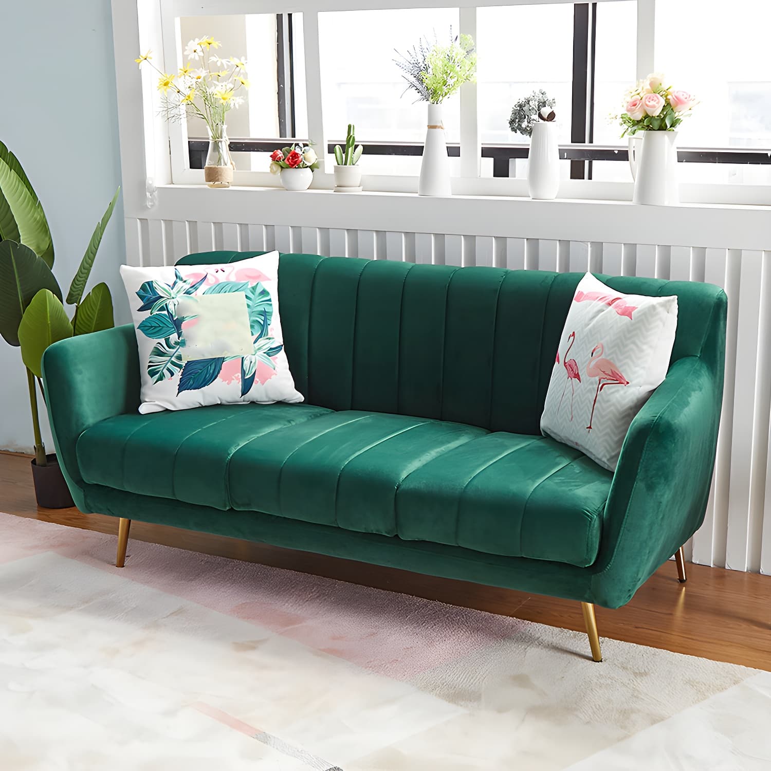 Modern Tight Back Couch Standard Velvet Tuxedo Arm Sofa in Green/Teal/Pink - image 7