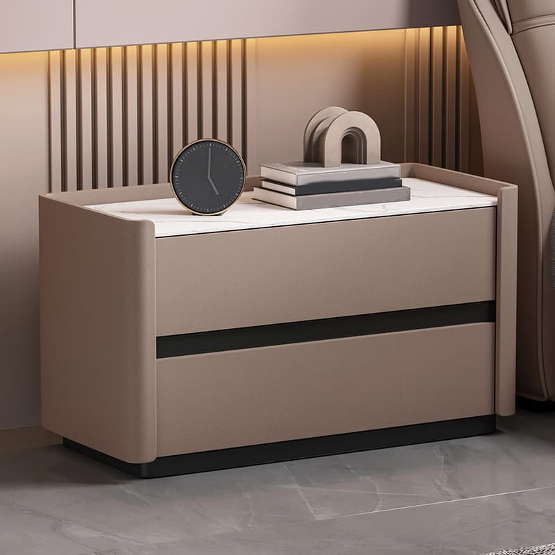 Modern Faux Leather Nightstand with 2 Drawers in Stone Countertop - image 6