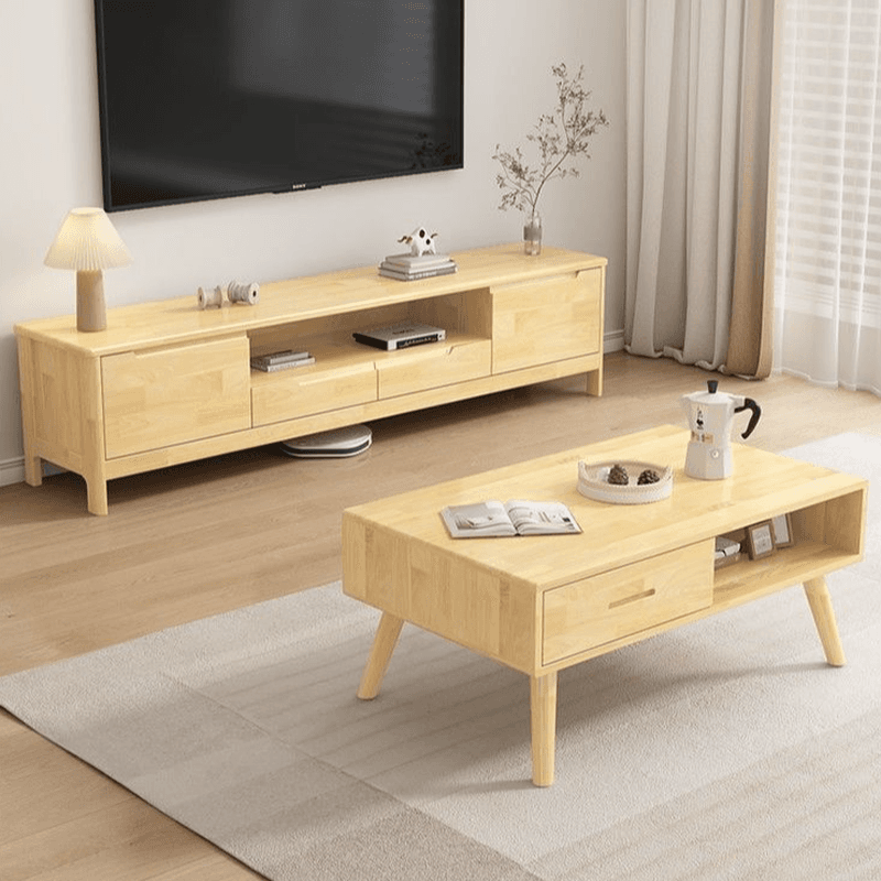 Modish Pine Wood TV Stand with Shelf, 2 Drawers, 2 Cabinets, and Unenclosed Storage - image 5