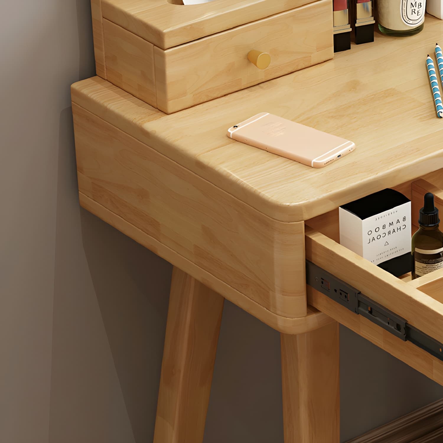 Modern Wood Makeup Vanity with Drawers, Mirror & Upholstered Chair - image 13