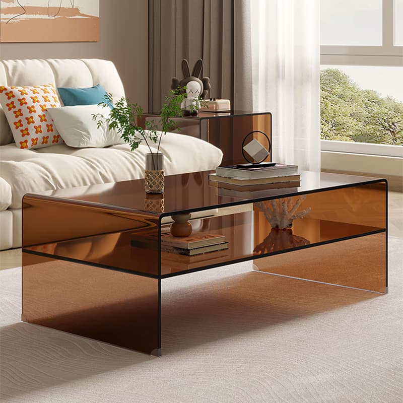 Rectangular Brown Glass Modern Coffee Table with Sled Base and Storage