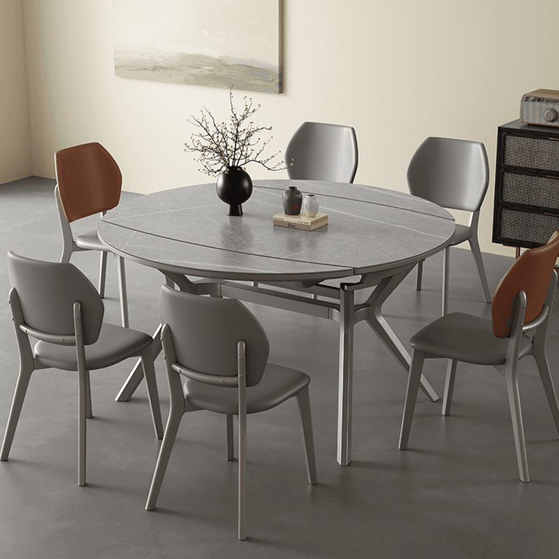 Minimalist Rounded Slate Dining Table Set with 4 Legs, Fold-away Leaf, and Light Gray/White Finish