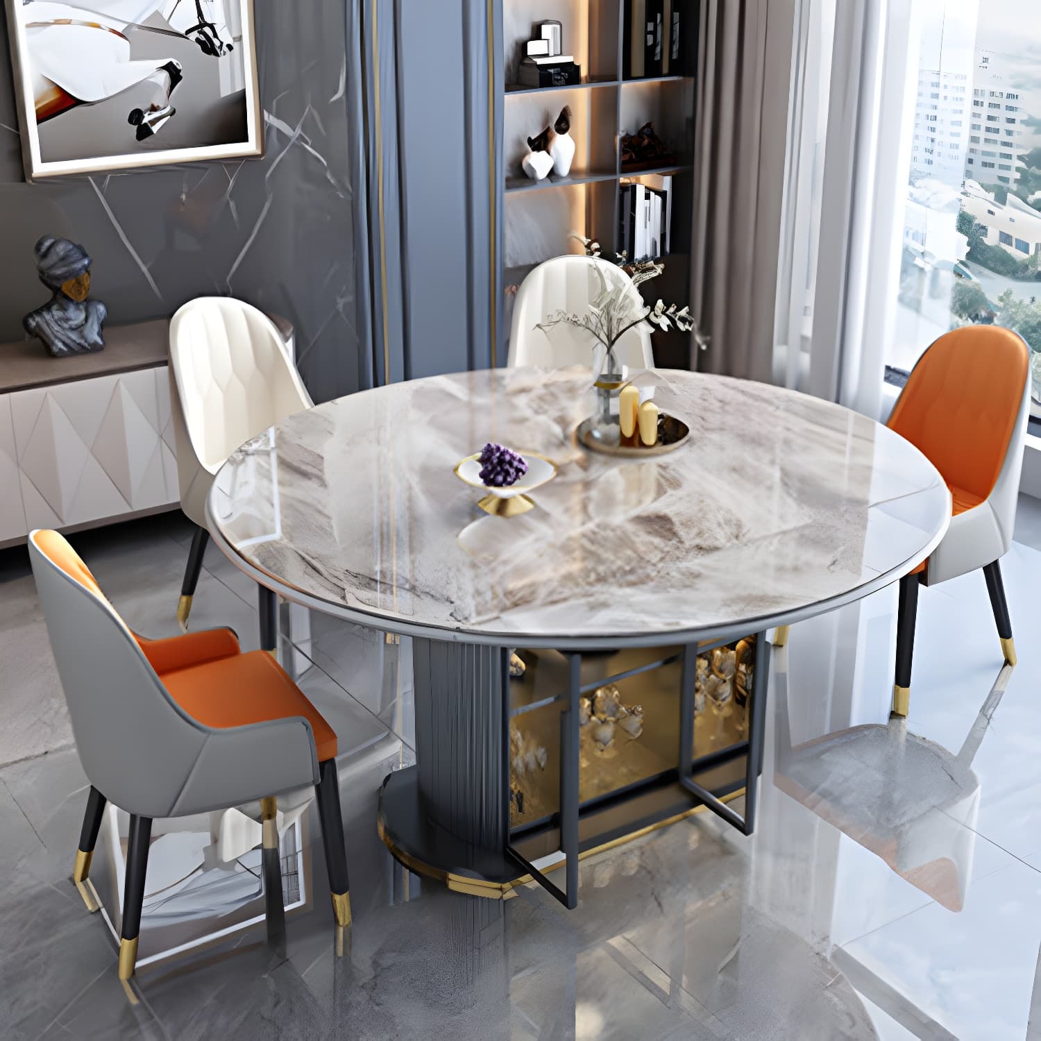 Modern 1/4/5/7 Pieces Dining Furniture Stone Round Dining Chairs Set in White - image 3