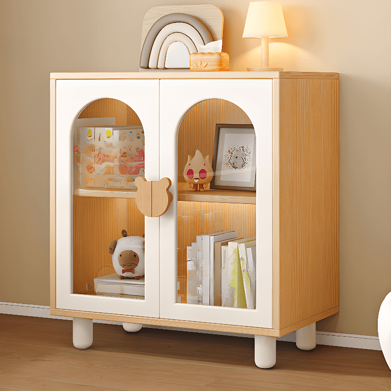 Modern Rectangular Utility Cabinet with Closet, Manufactured Wood Countertop, Glass-panel Door, White/Natural Top