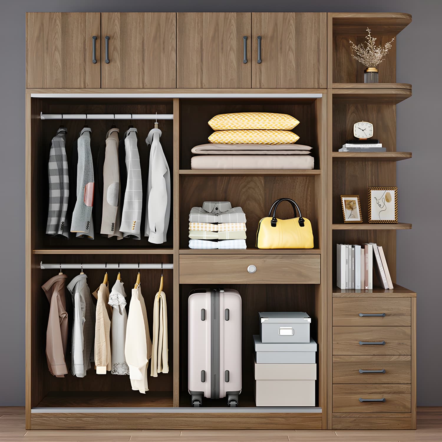 Modern Style Freestanding Wardrobe Pine Wood Wardrobe with Drawer
