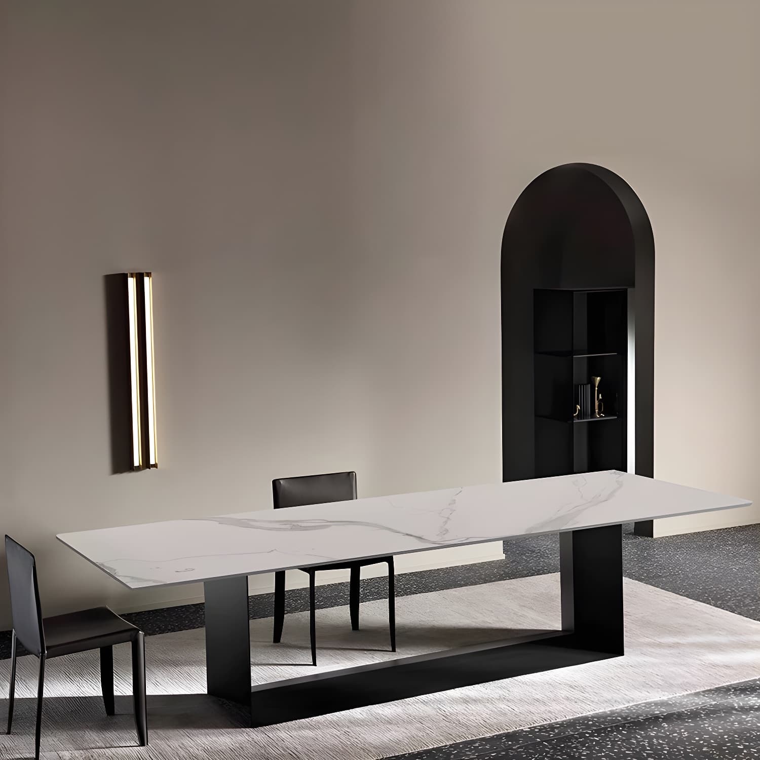 Sophisticated Modern Rectangle Stone Kitchen & Dining Table with Black Metal Trestle Base - image 7