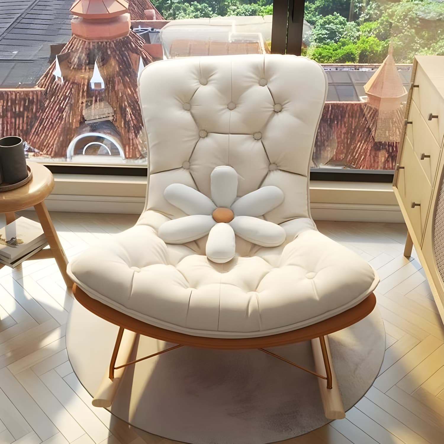 Contemporary Rocking Chair with Spindle Back, Tufted Upholstered and Wood Legs - image 9