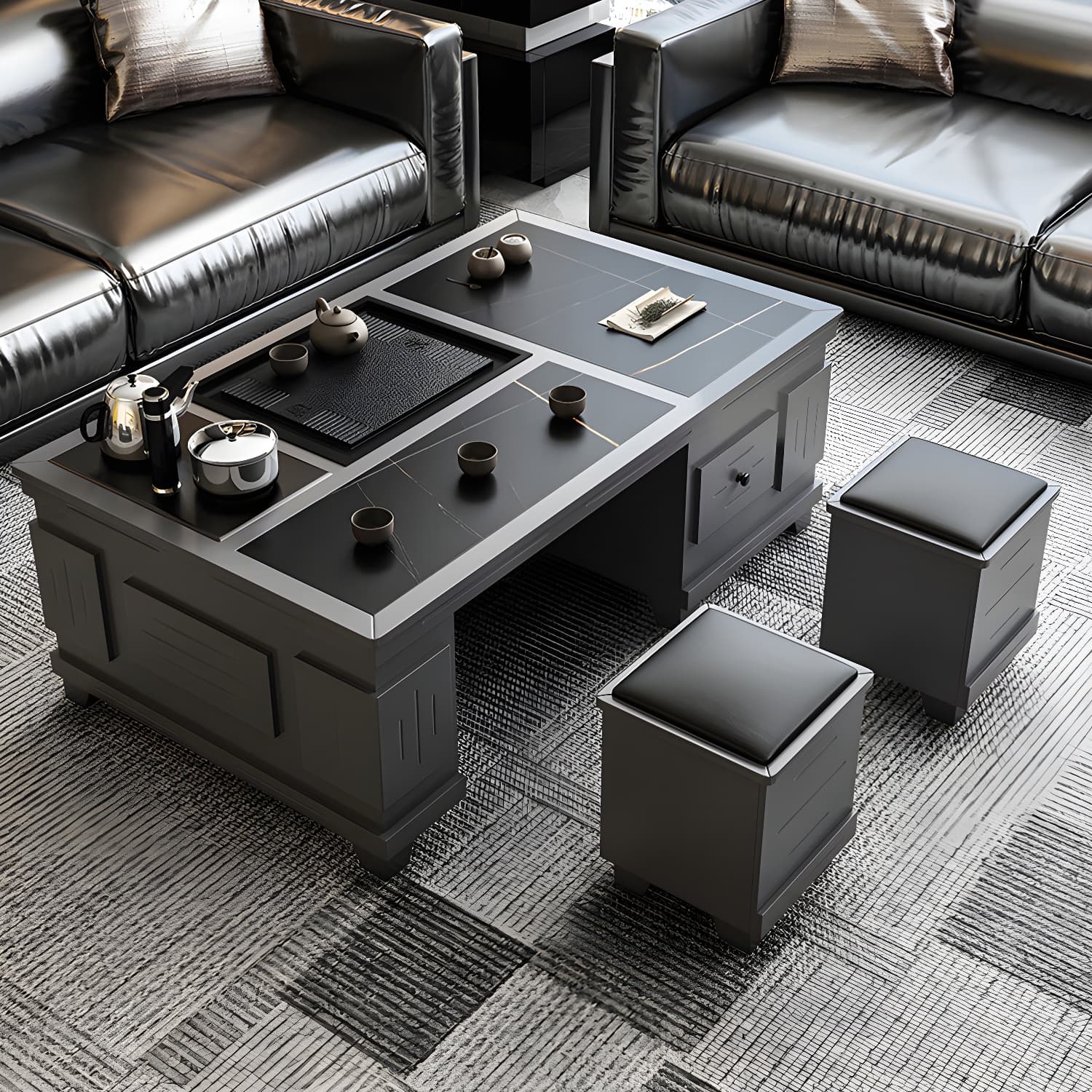 Abstract Slate Coffee Cocktail Table with Storage Drawers Rectangle - image 3