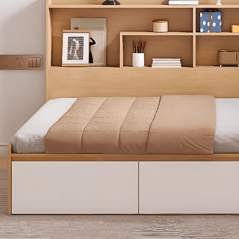 Natural Color Solid Color Bookcase Bed with 3 Storage Boxes for Bedroom - image 5