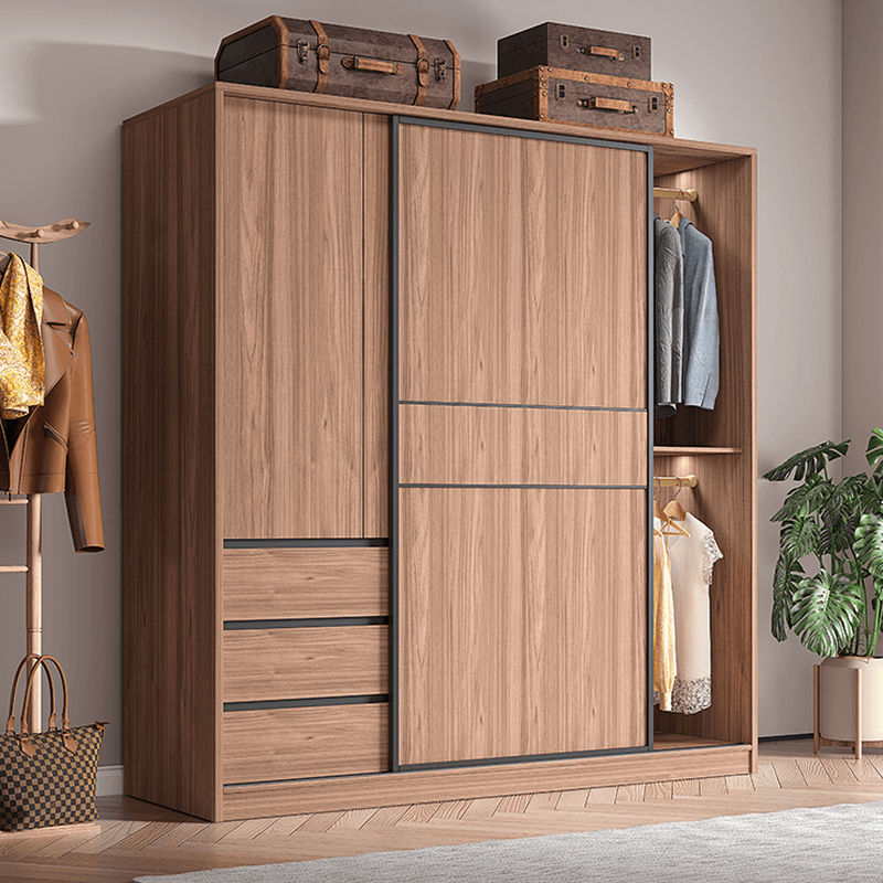 Modern Simple Style Sand Manufactured Wood Self-supporting Wardrobe with Soft Close Drawer, Interior Shelves & Soft Close Door