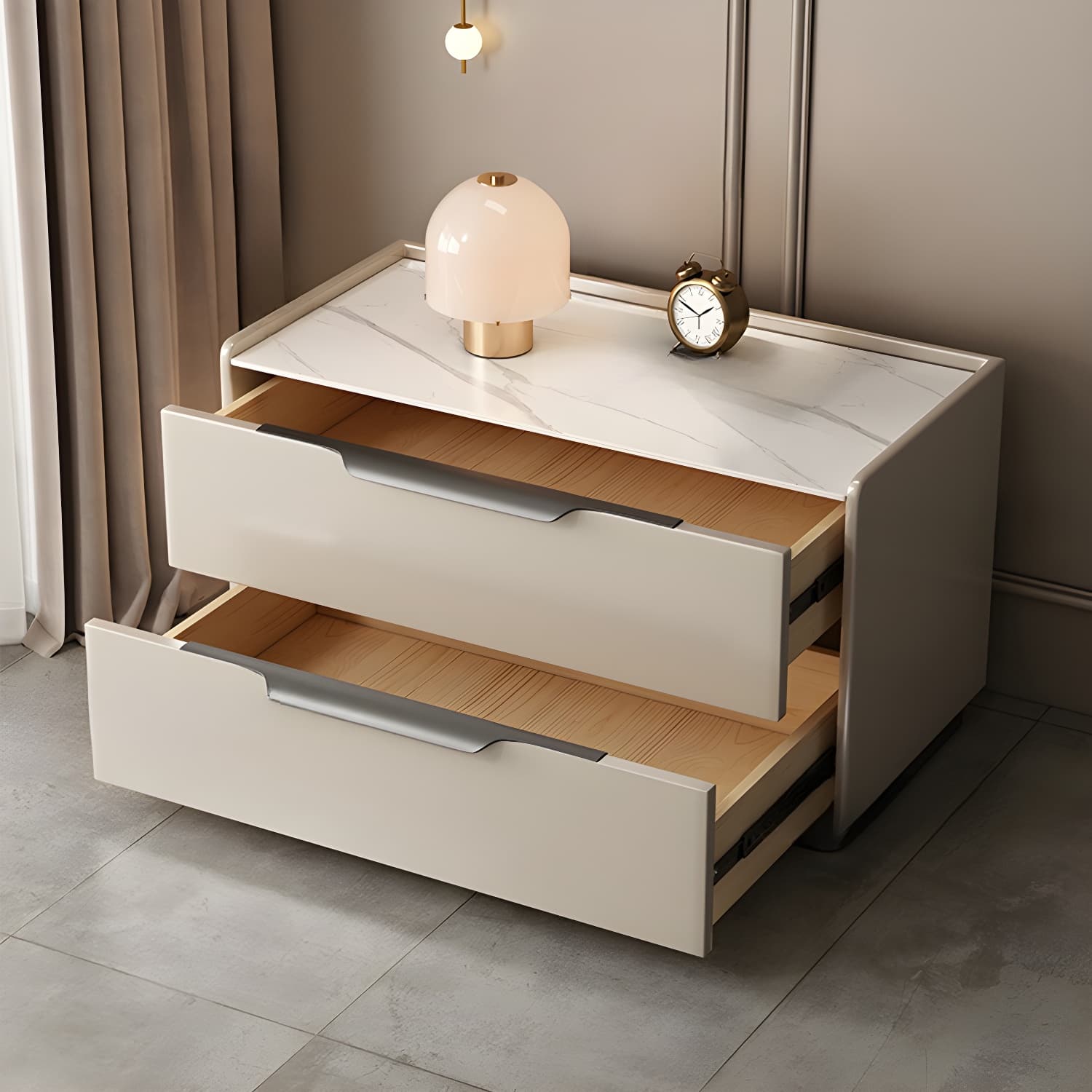 Modern Wooden Nightstand with 2 Drawers in Low Height - Stone Countertop Included - image 6