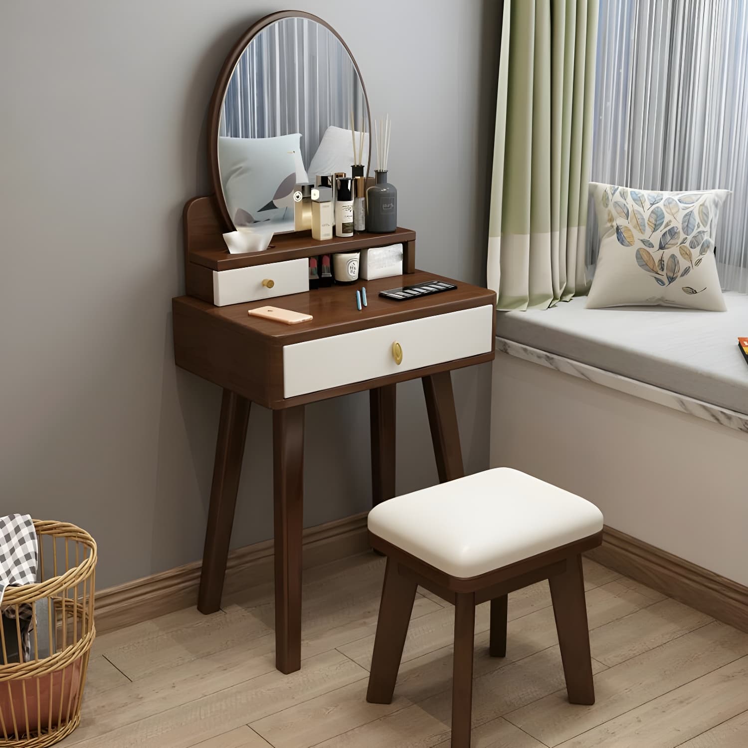 Modern Wood Makeup Vanity with Drawers, Mirror & Upholstered Chair - image 3