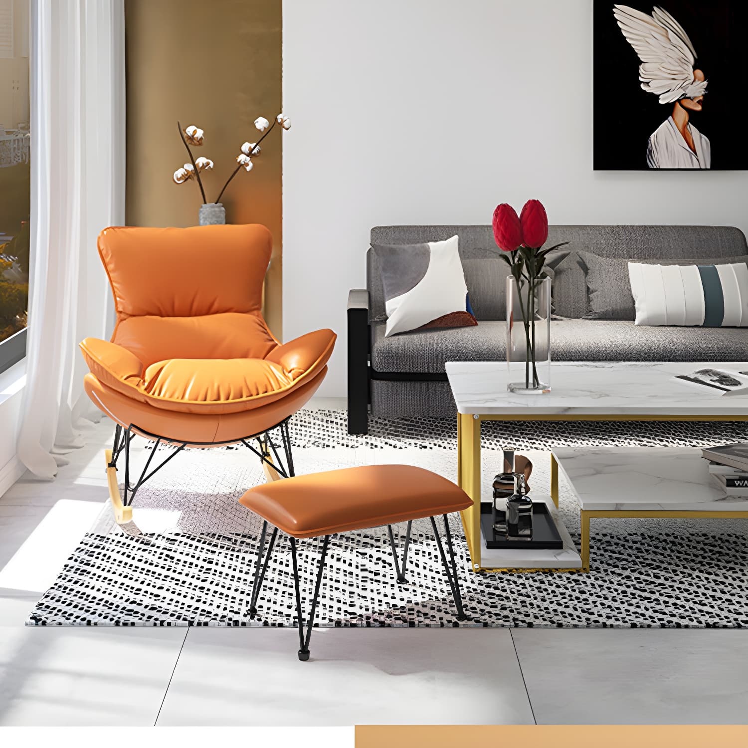 Wing Back Rocking Chair Solid Wood Rocker Chair with Ottoman - image 22