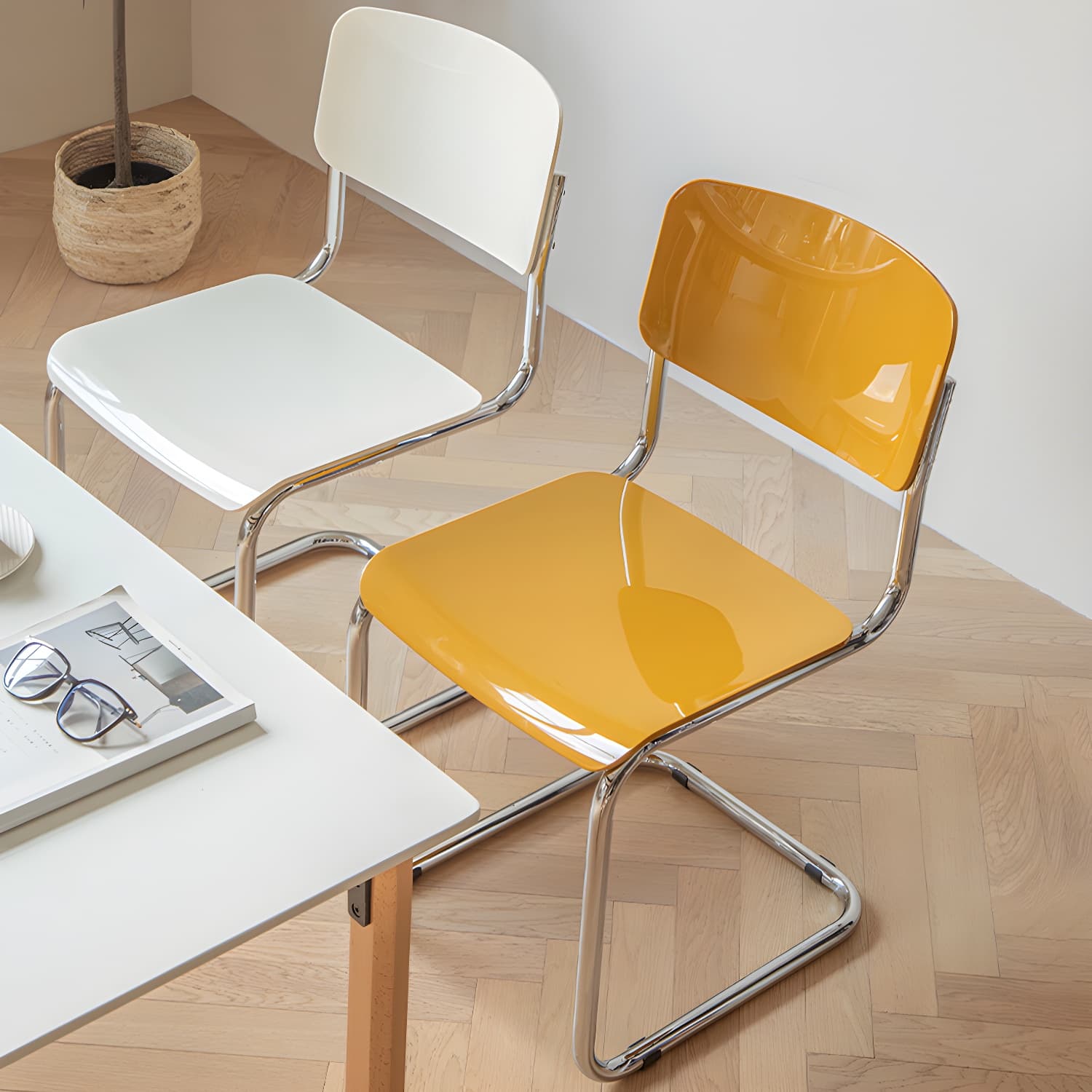 Scandinavian Open Back Side Chair with Silver Metal Legs in Plastic & Acrylic for Kitchen & Dining - image 9