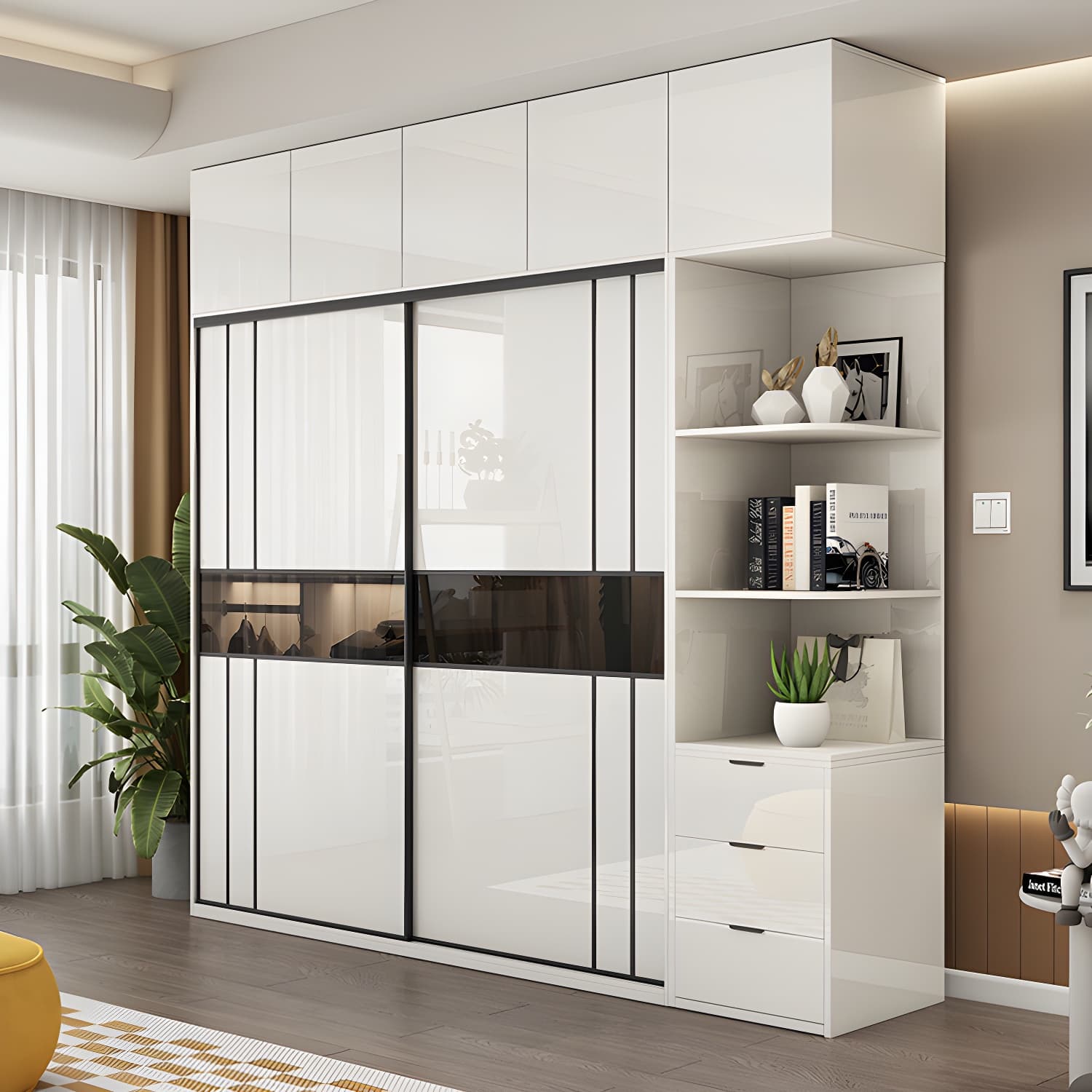 White Colour Wooden Wardrobe Cloth Rod Included Wardrobe Closet with Shelves - image 3