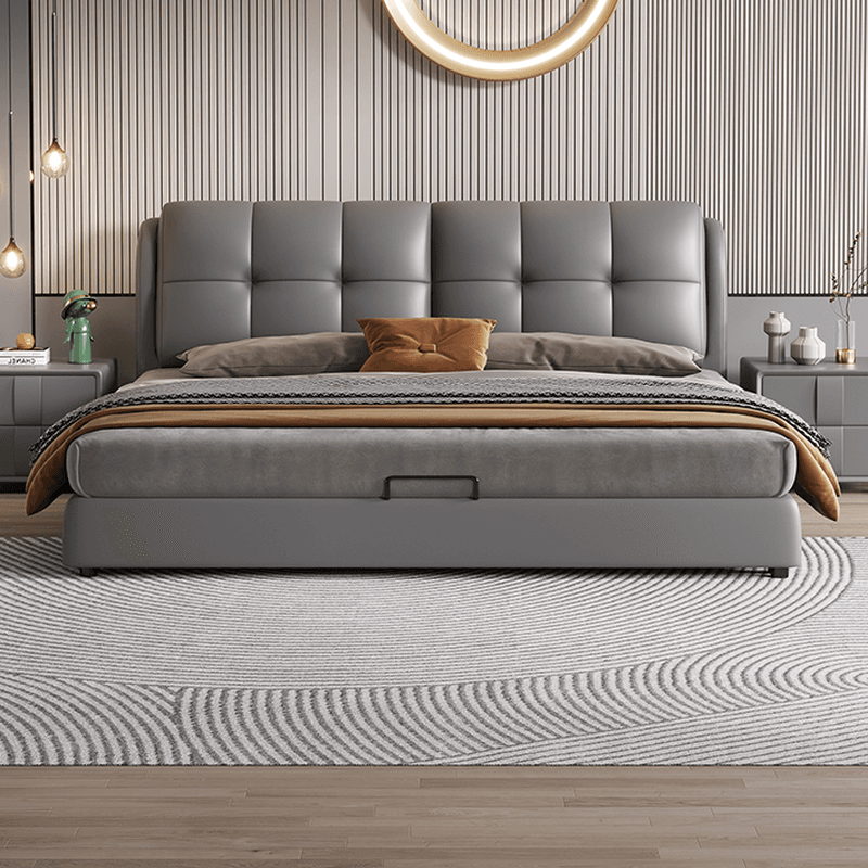 Grey Solid Color Storage Bed/Platform Bed with Timber Frame and Button-tufted Design for Living Room