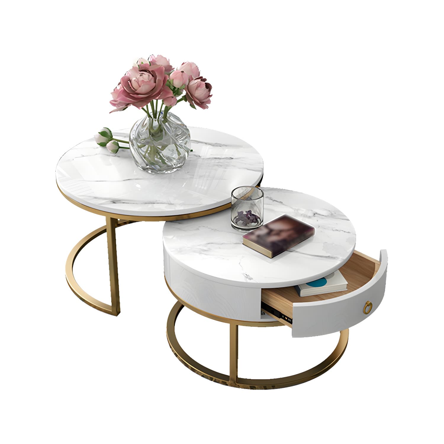 Round Frame Coffee Table Slate Nesting Coffee Table Set with Drawer - image 9